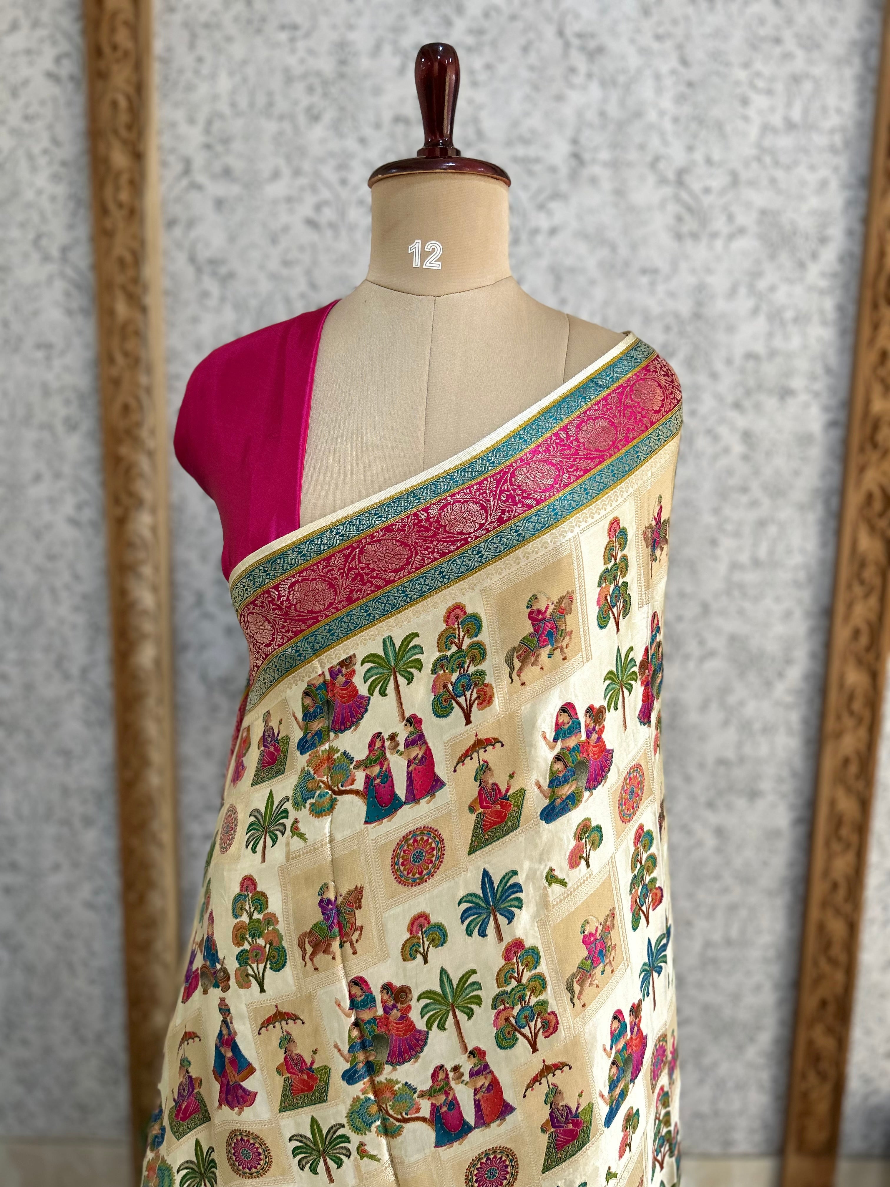 Cream dola crepe silk saree 101