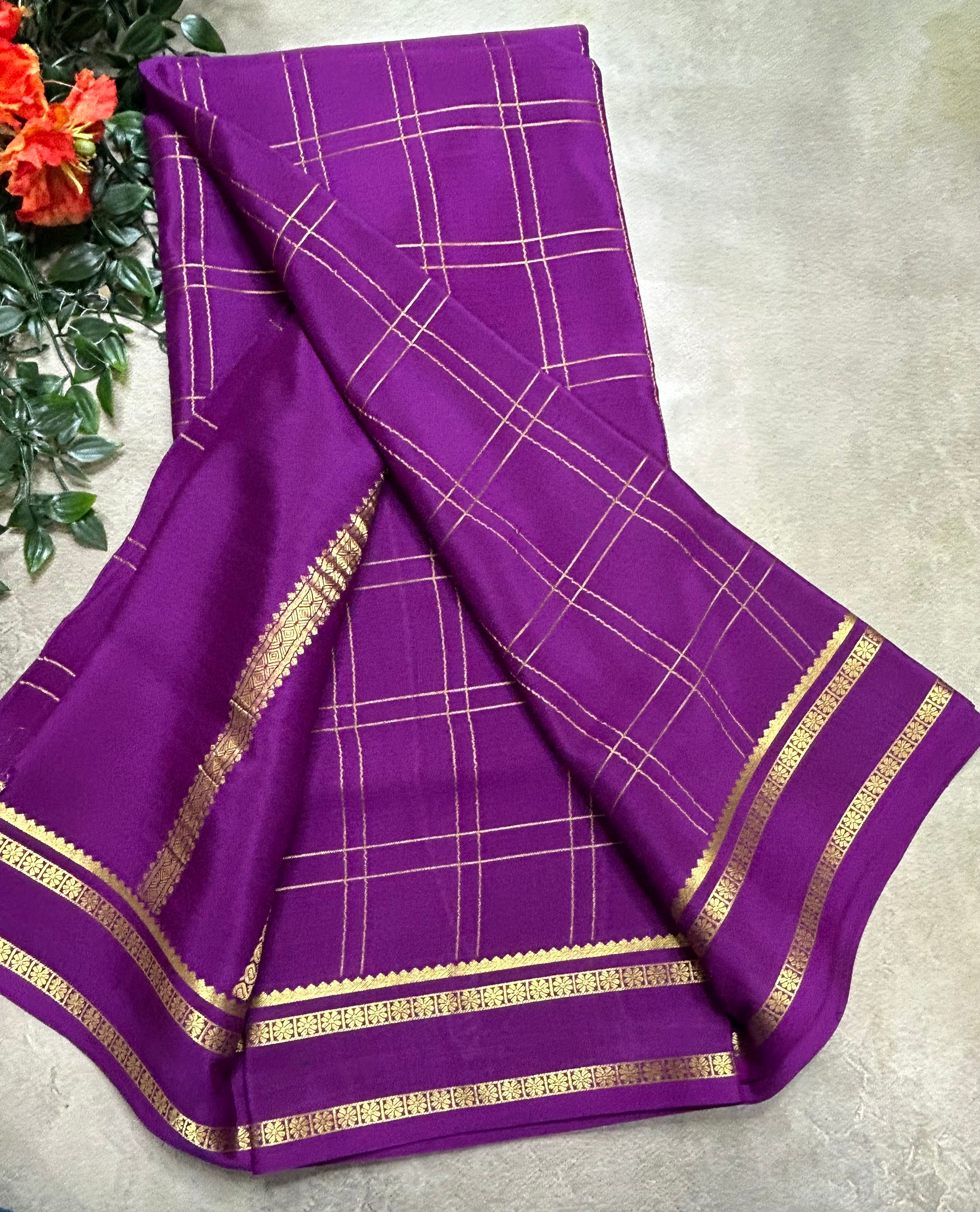 Purple big checks n Bentex border pure Mysore silk 106 saree