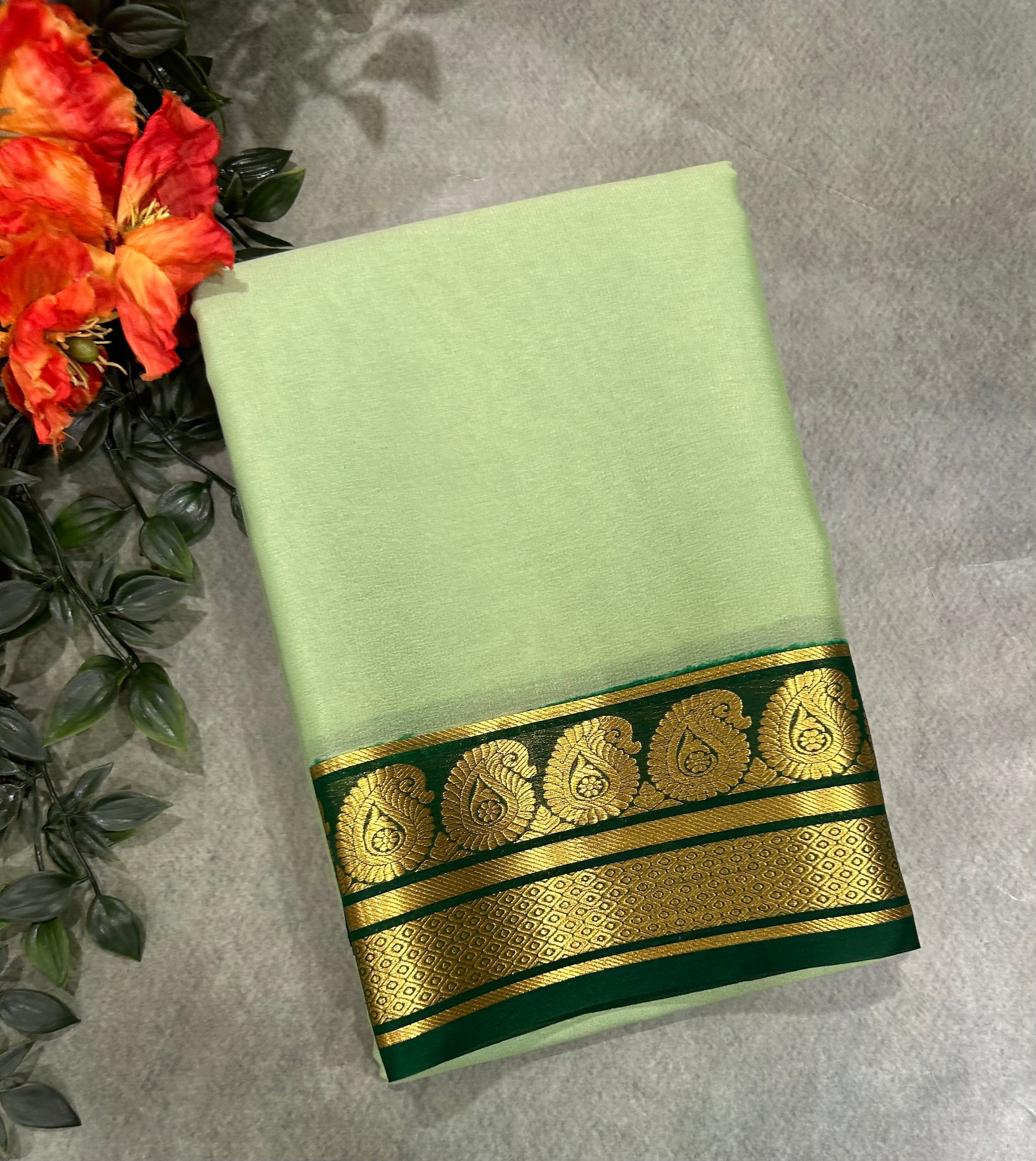 Pastel green pure Mysore crepe silk saree