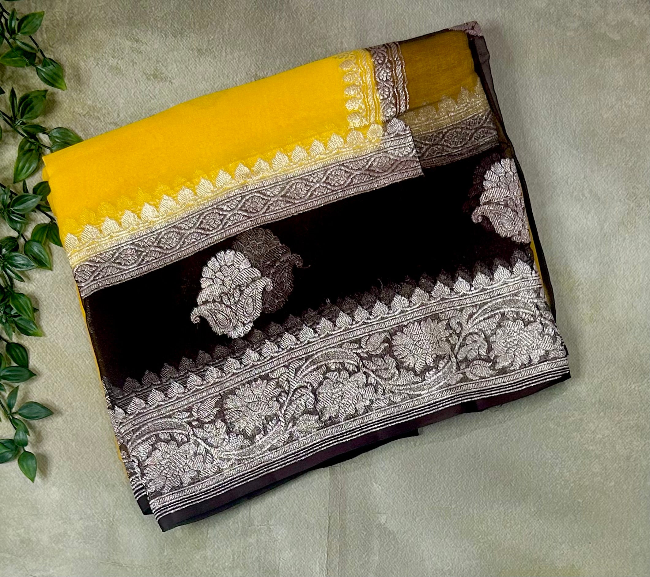 Bright yellow n dark brown benarasi double border pure chiffon saree