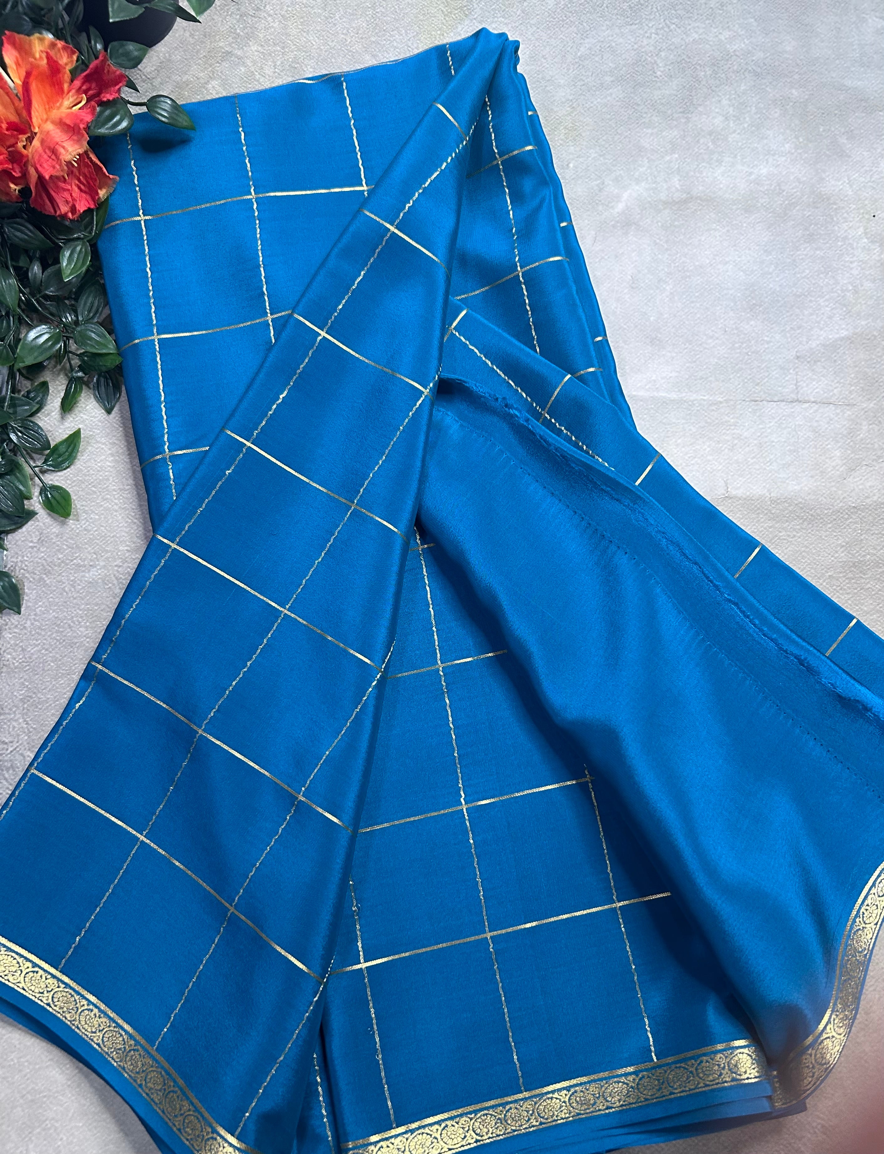 Dark Rama green  big checks pure Mysore silk 106 saree