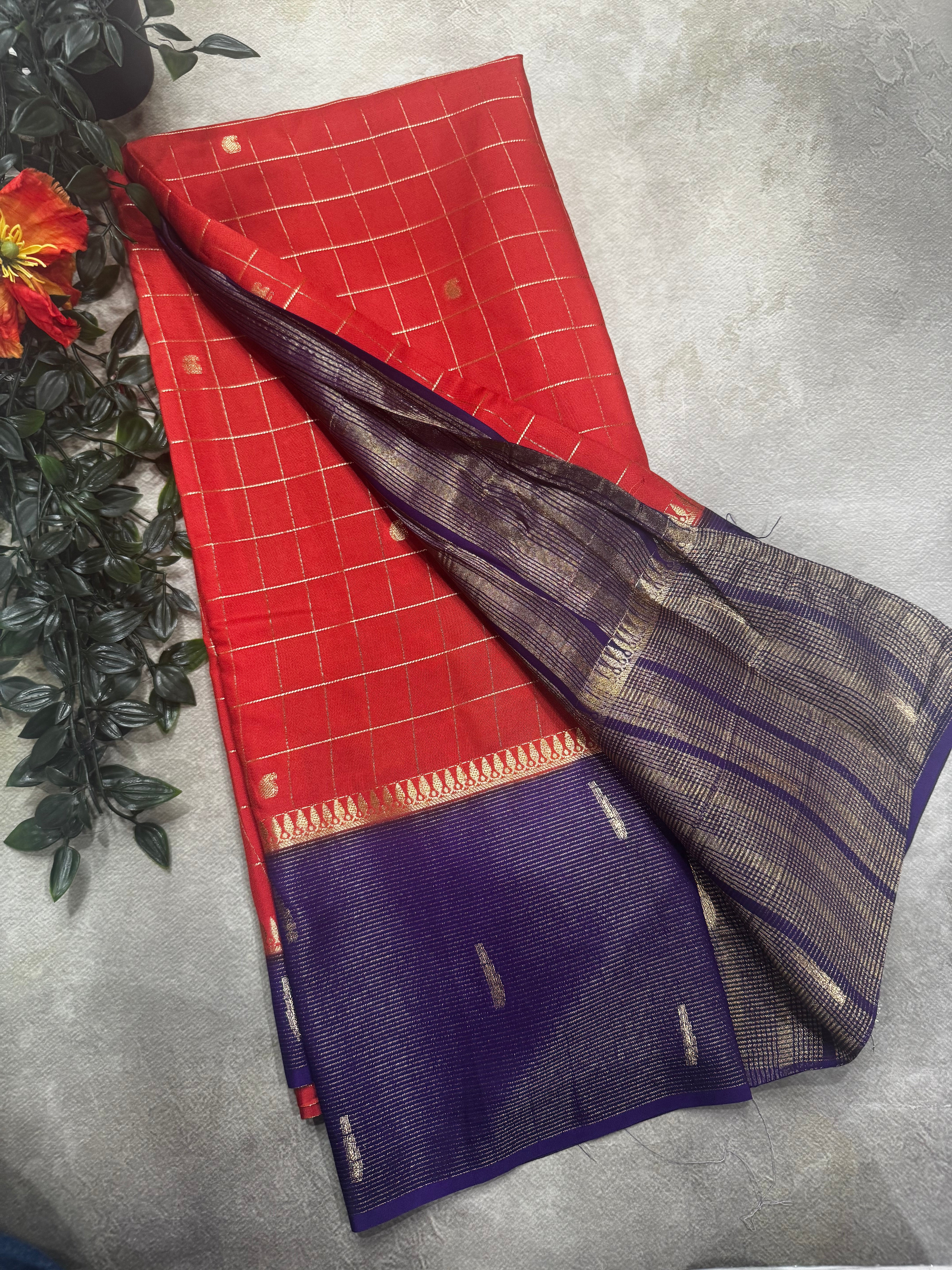 Orange checks semi Mysore crepe 106 saree