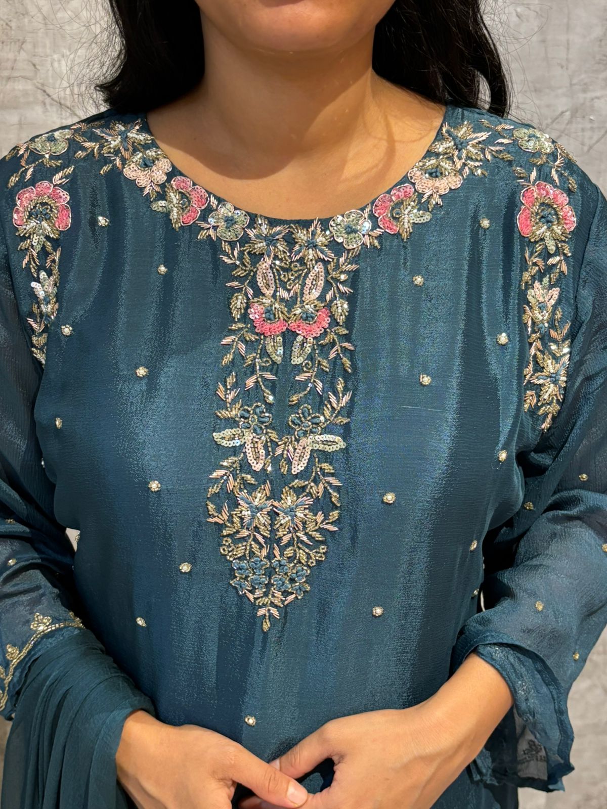 "Boomi" Steal Blue Designer Hand Embroidery Sharara party Kurtha set