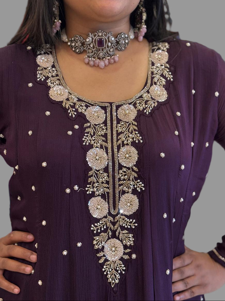 Dark Purple Anarkali Chinnon Hand Embroidery Kurtha 567