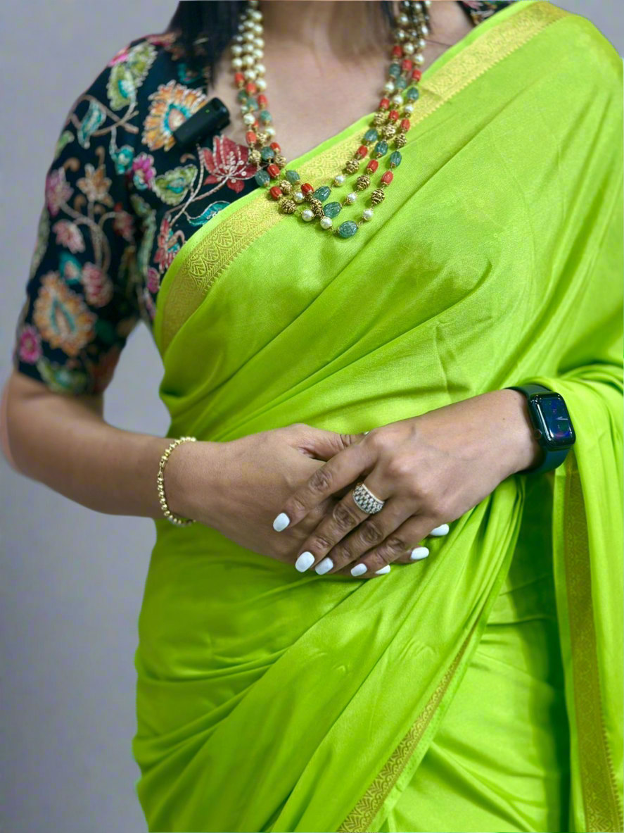 Nita ambani Neon green semi mysore crepe plain saree