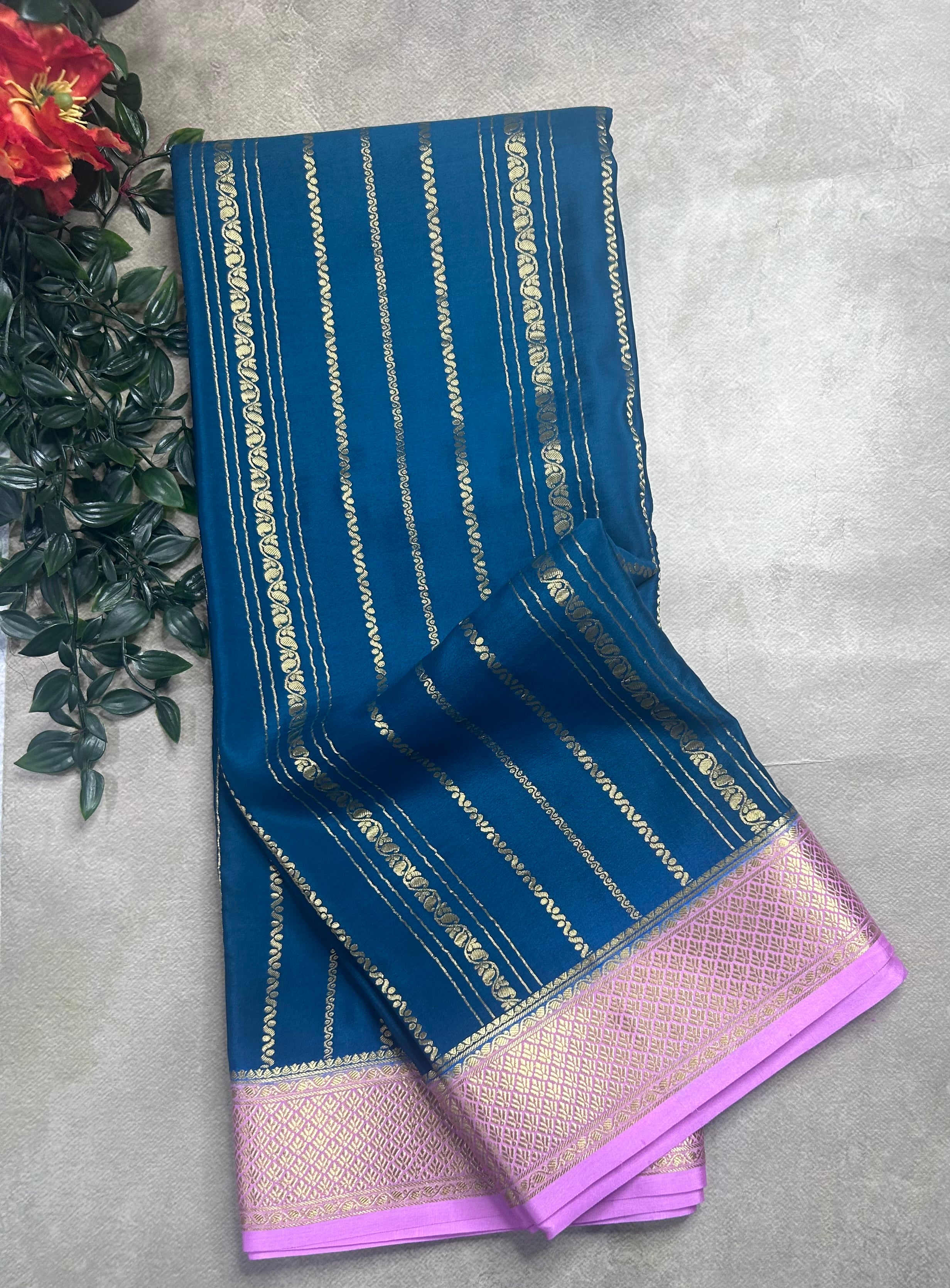 Peacock blue stripes pure mysore crepe silk saree (SMS106)