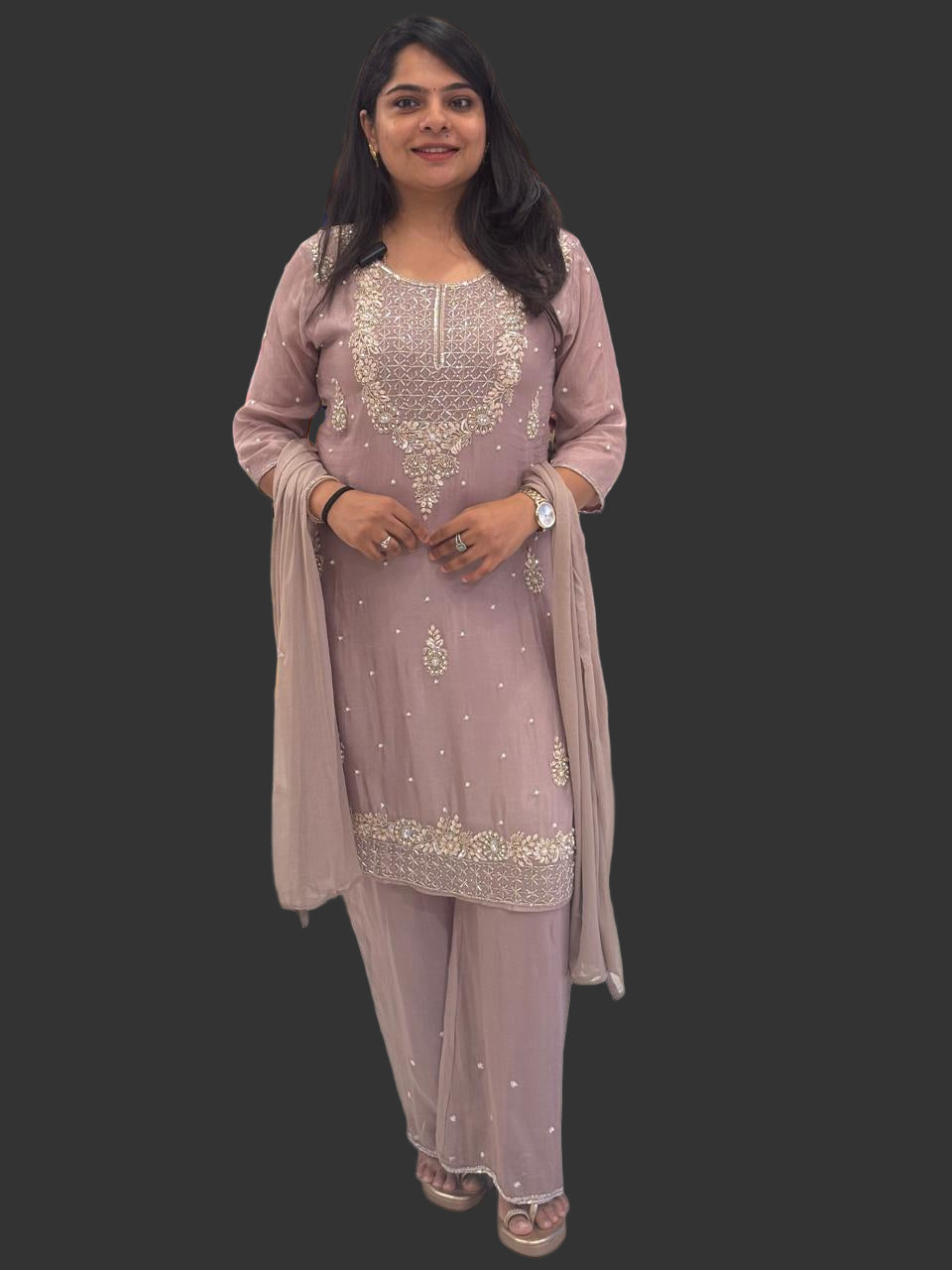 Beige Chinnon Hand Embroidery Sharara Kurtha 301