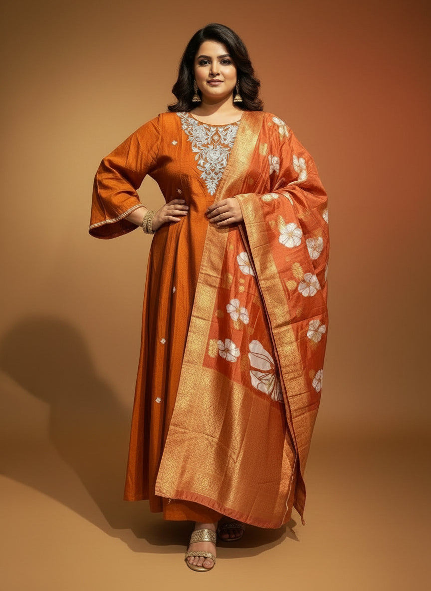 Orange Dola silk knot work  hand embroidery kurtha Suit set plus size