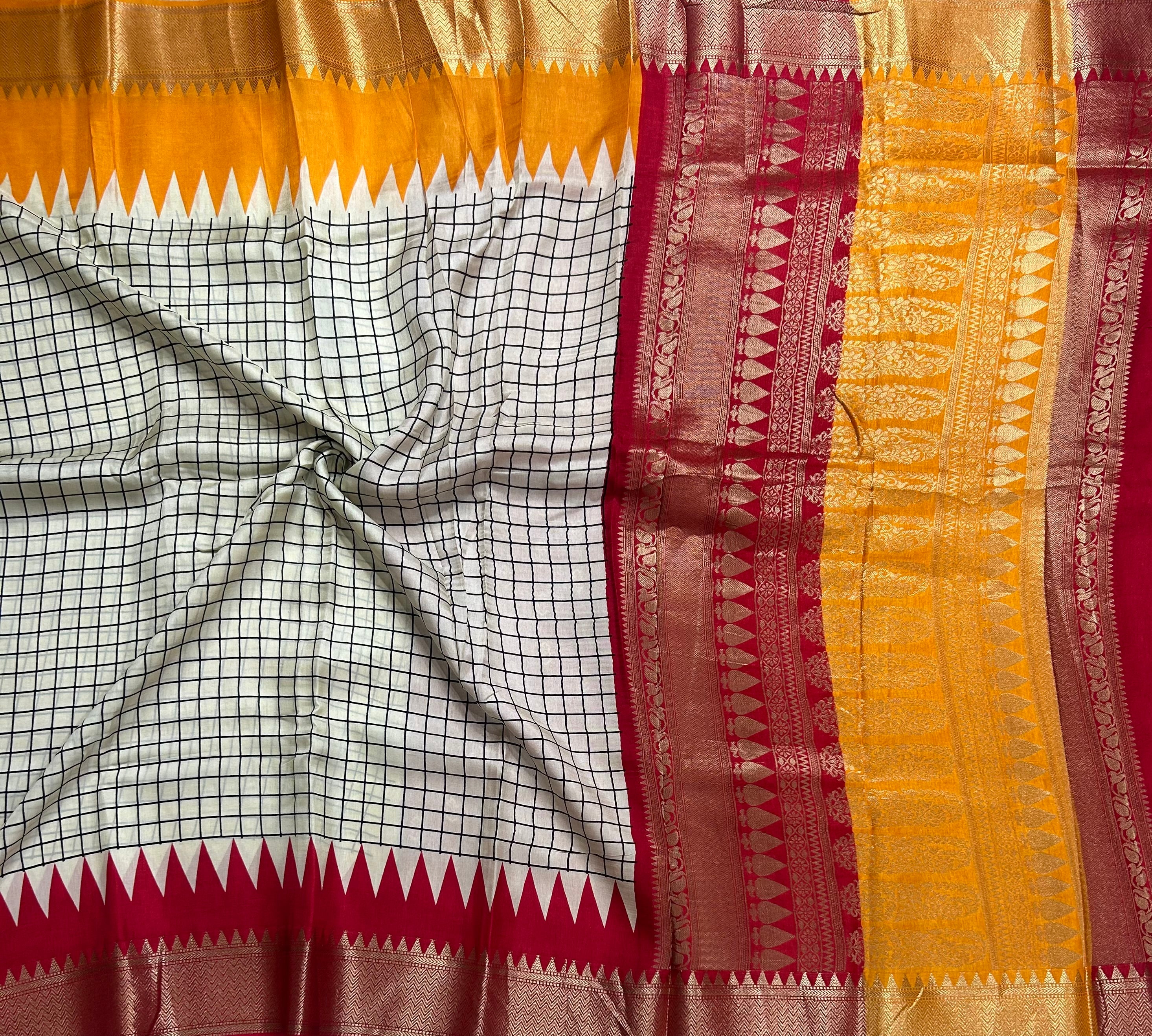 Cream checks Ganga Jamuna border dola crepe 105 saree