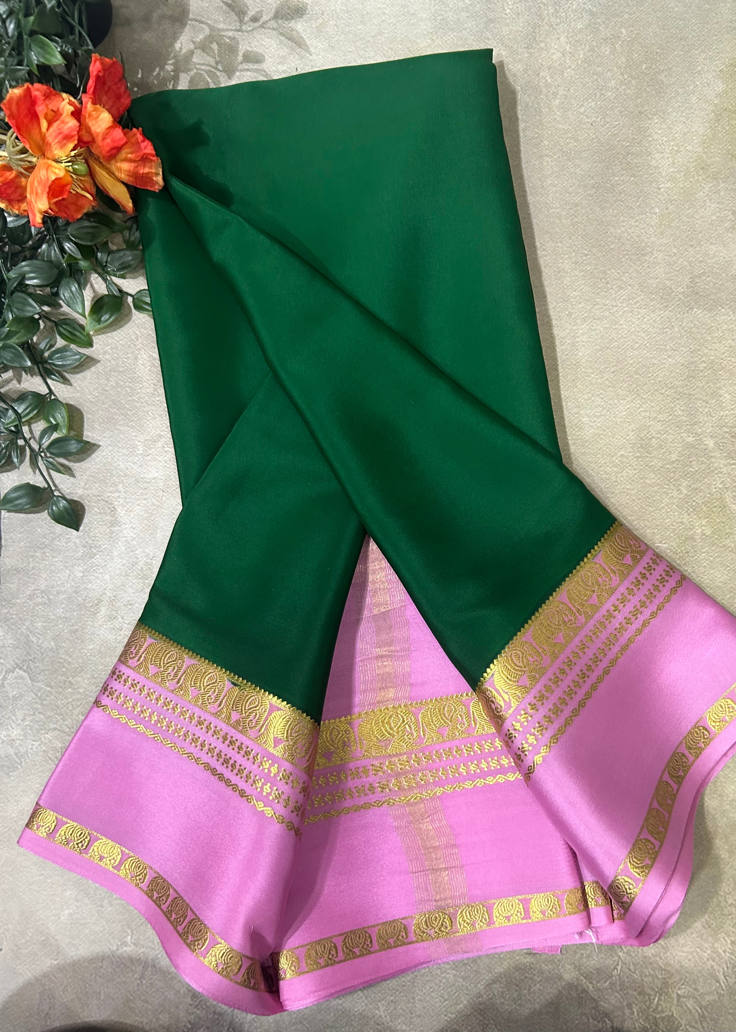 Bottle green bentex border pure Mysore silk 104 saree