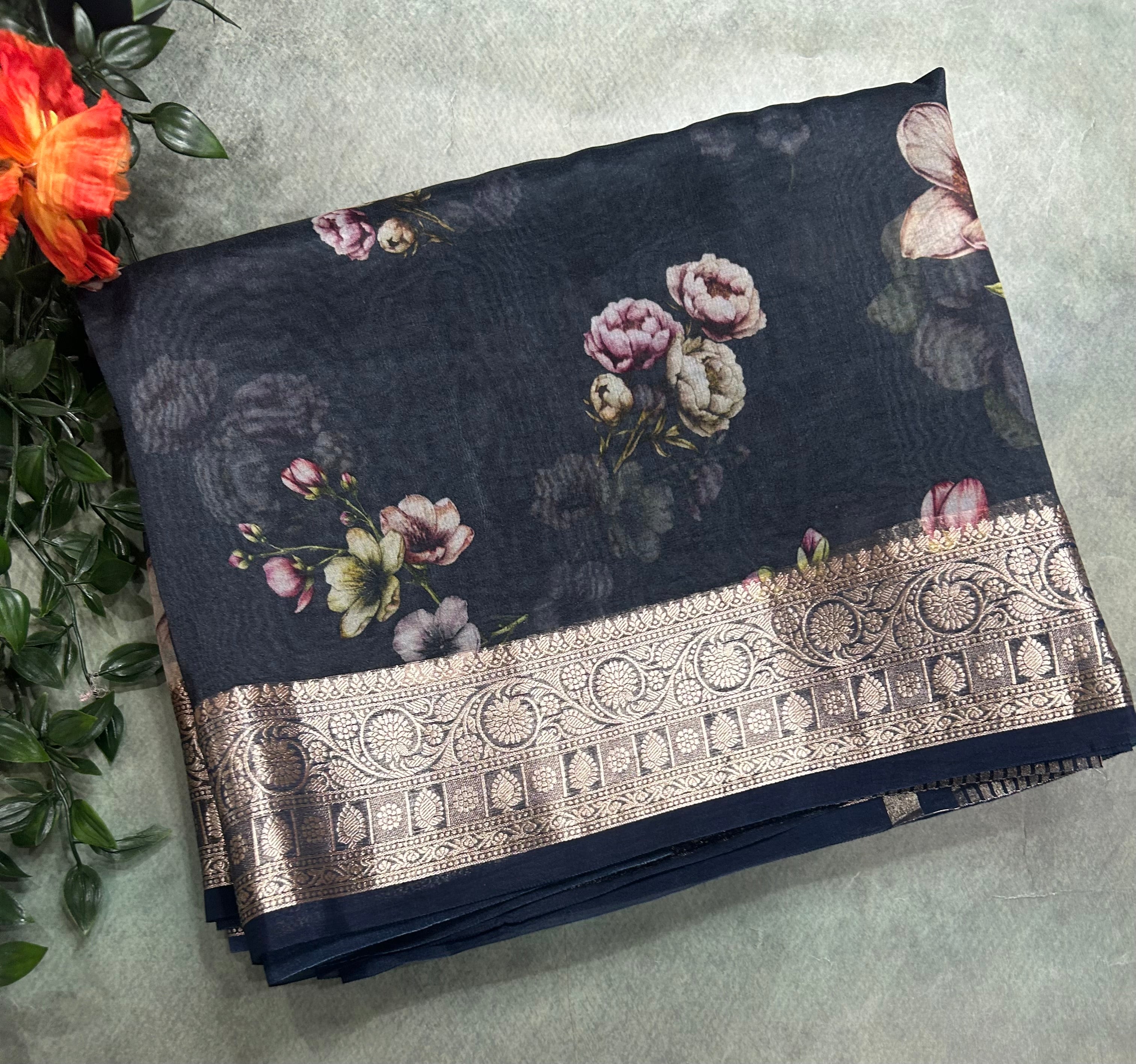 Black printed pure kora organza 105 saree
