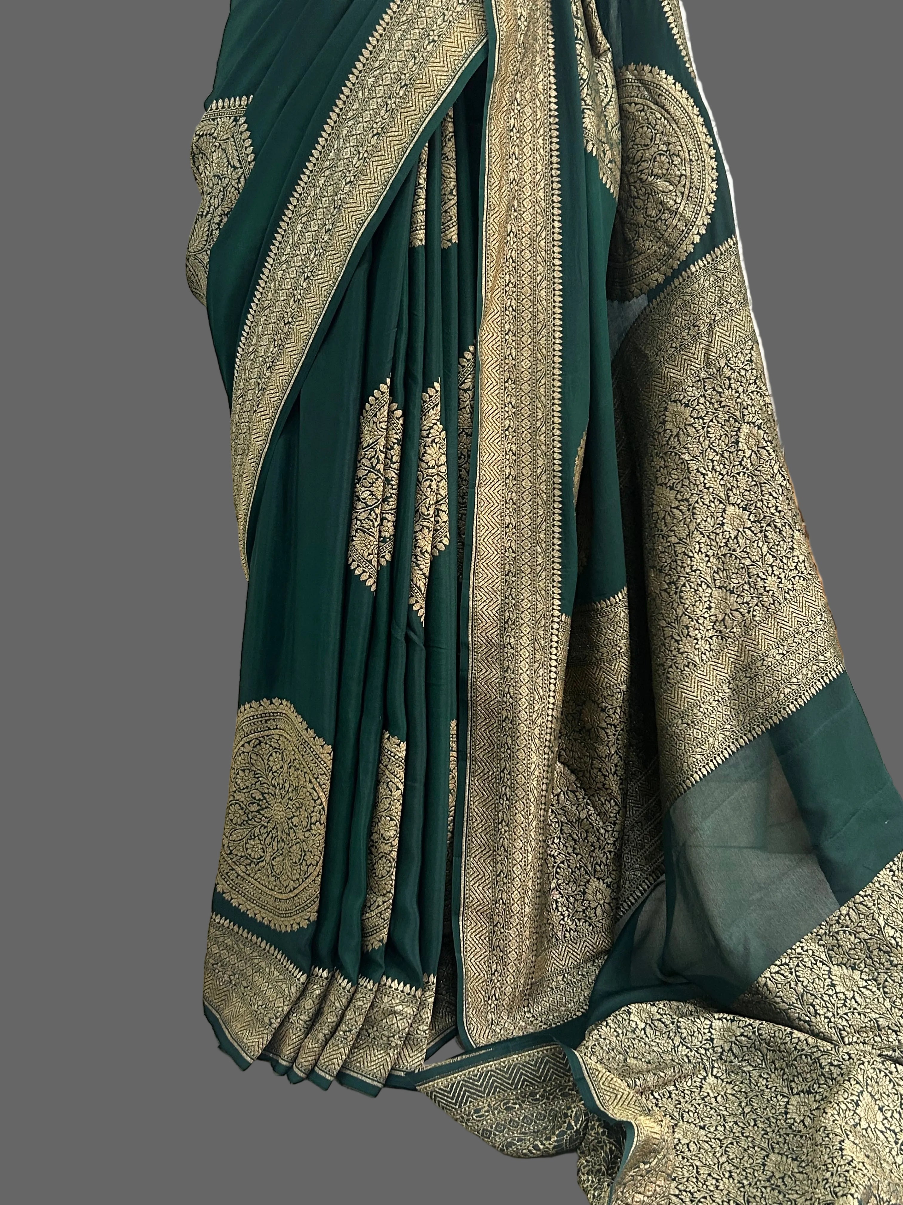 Bottle green big Butta Banarasi pure crepe saree -101