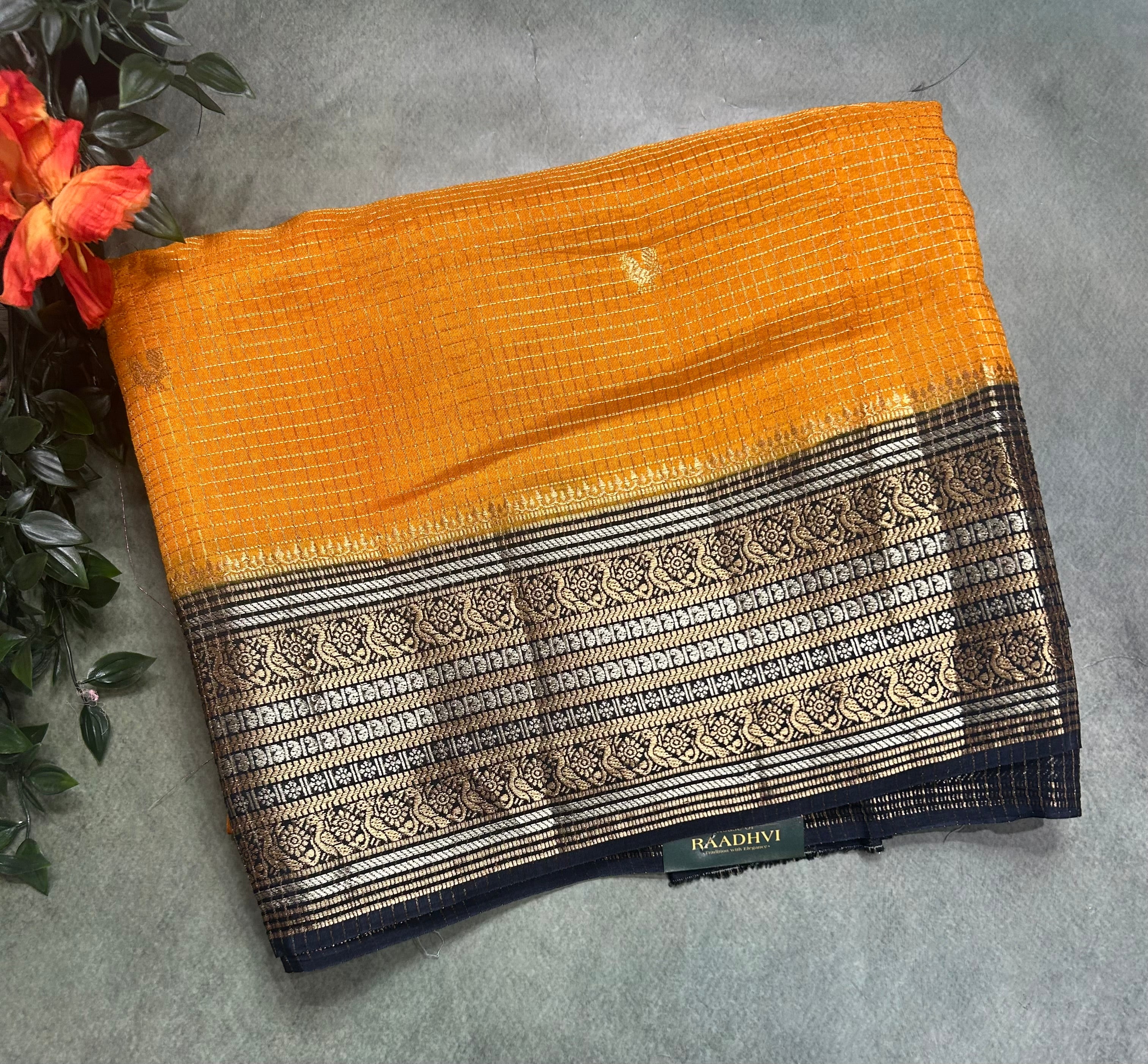 Yellow small checks contrast semi Mysore crepe 105 saree