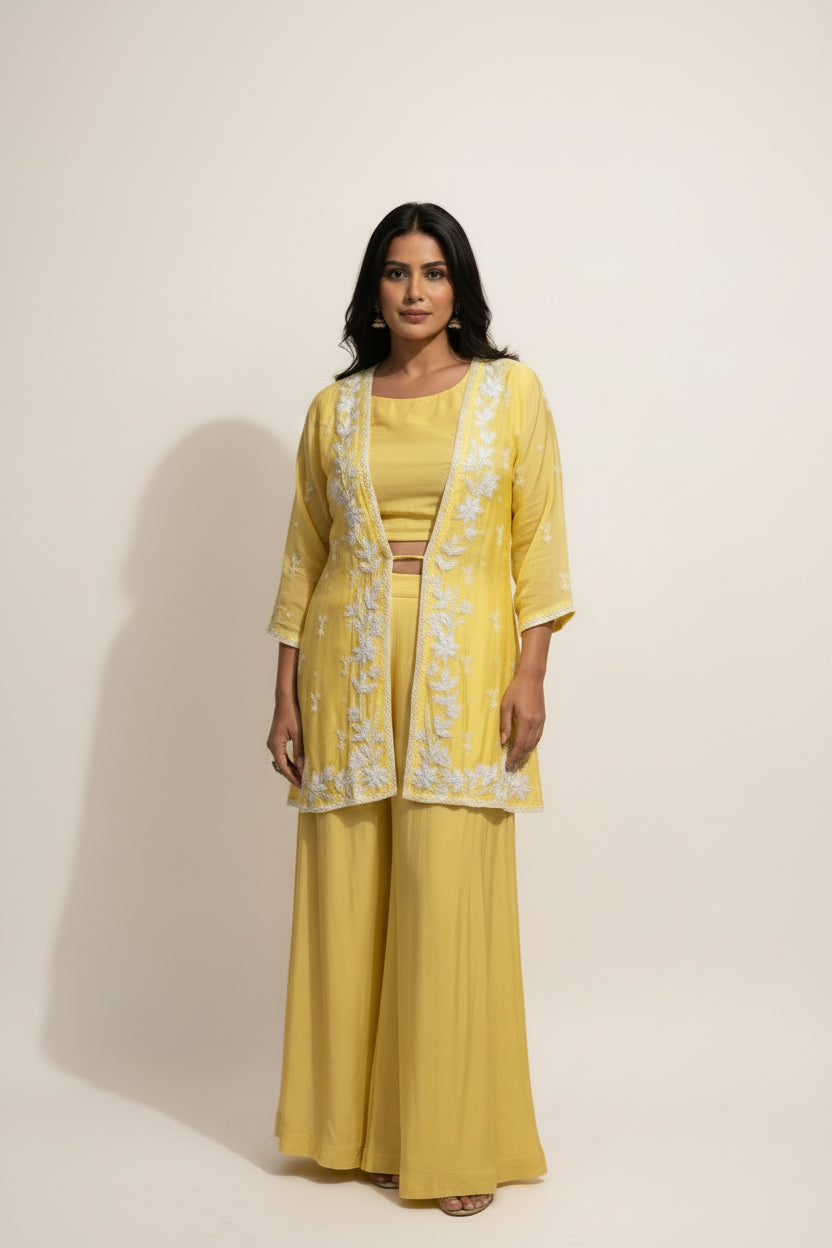 "PARI" Lemon Yellow Designer Kurtha 43 Set with pearl handwork   Top, Palazoo and Jacket Indo-western cape