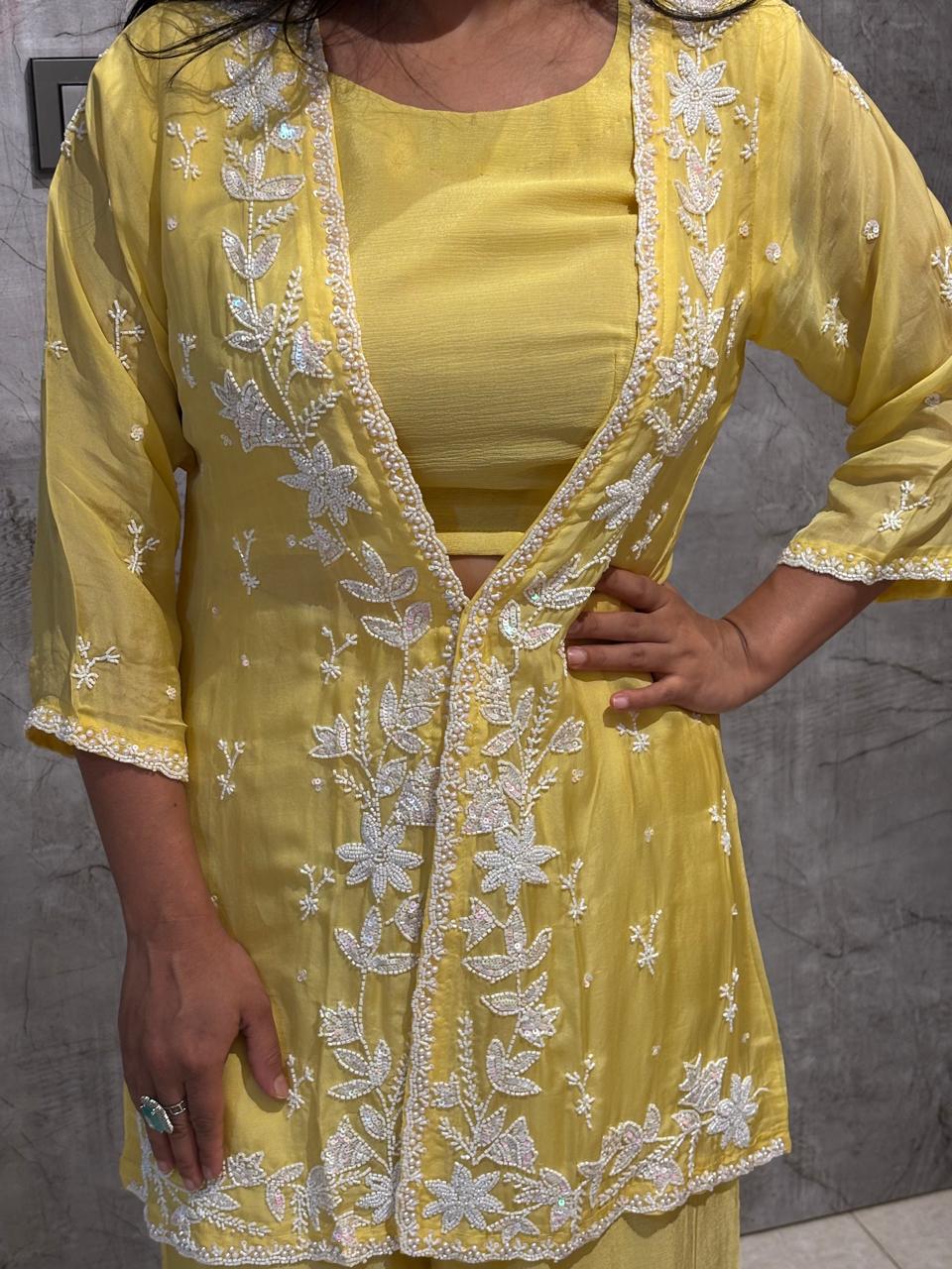 "PARI" Lemon Yellow Designer Kurtha 43 Set with pearl handwork   Top, Palazoo and Jacket Indo-western cape