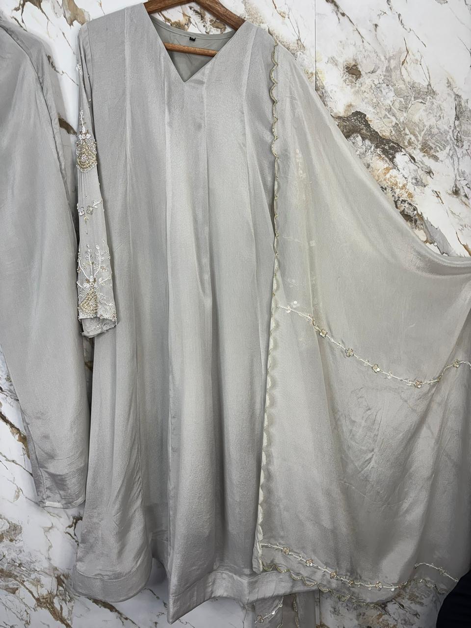 Gray Chanderi Silk Airline Handwork Kurtha