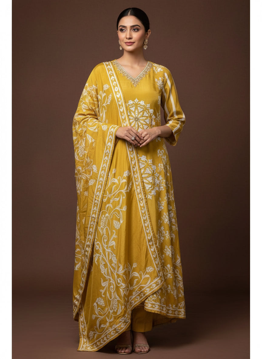 Musturd Yellow Digital Print Handwork Crepe Kurtha 533