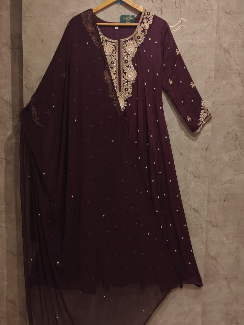 Purple Anarkali Chinnon Hand Embroidery Kurtha 567