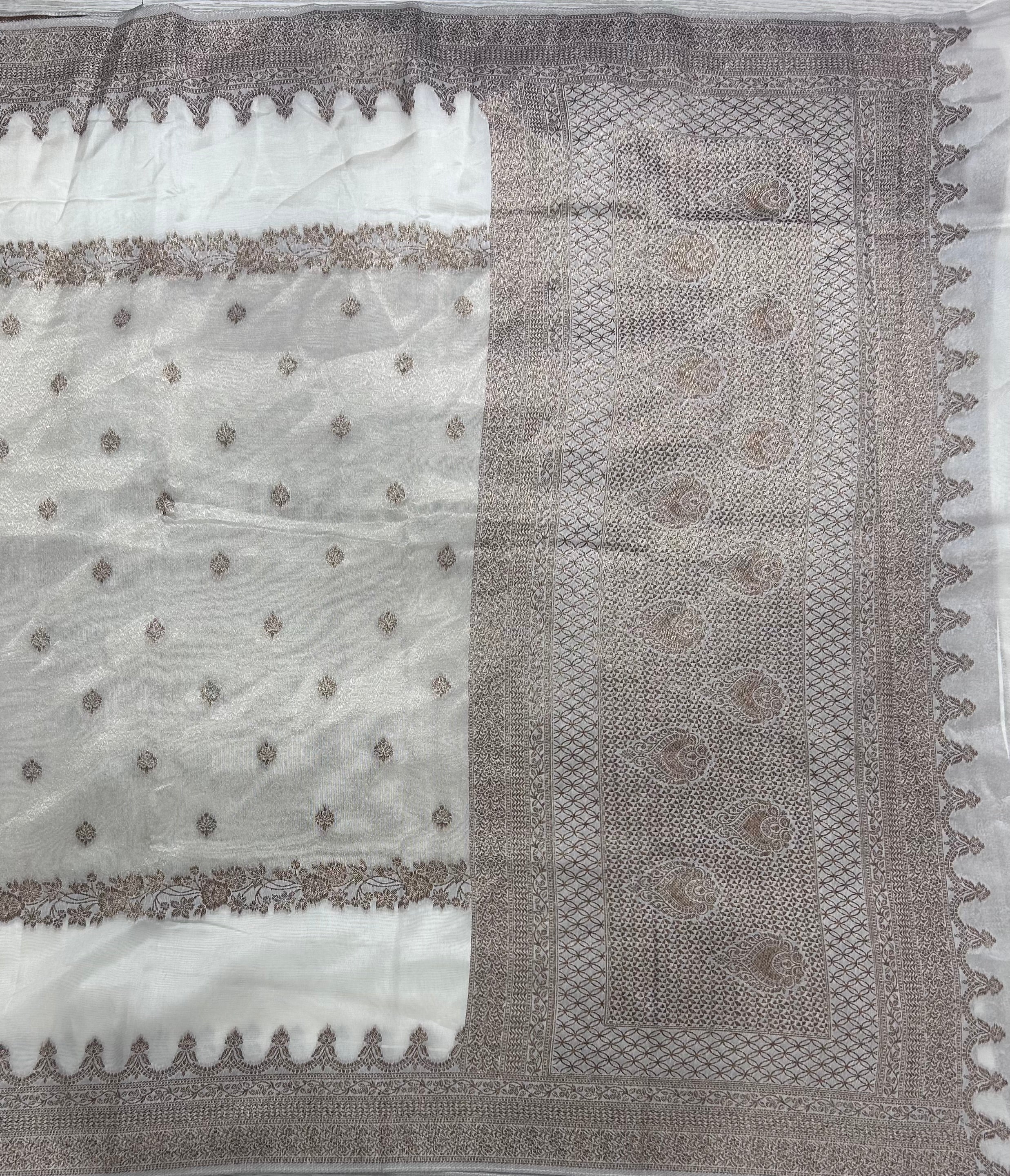 White brocade tussar georgette crepe 106 silk saree
