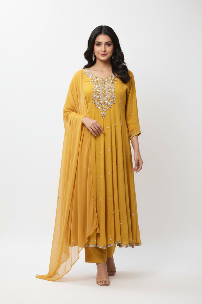 “Pari" Yellow Anarkali chinnon handwork party ware Kurtha 567