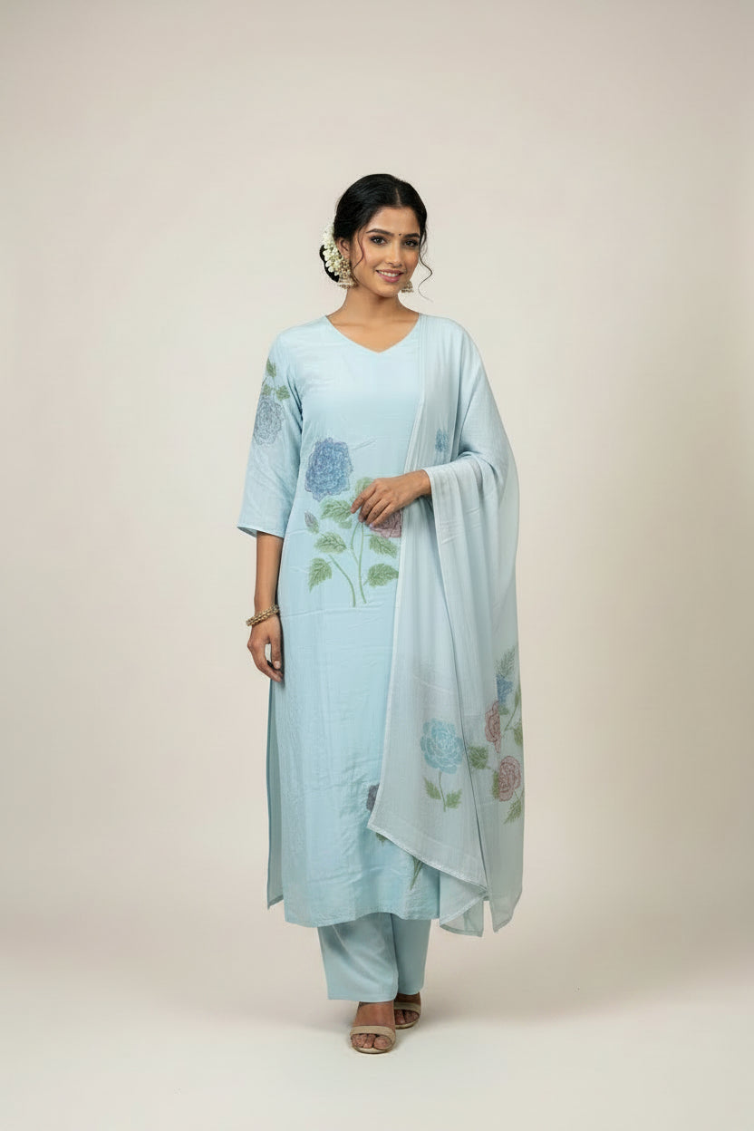 Blue Crepe Hand Embroidery Airline Kurtha