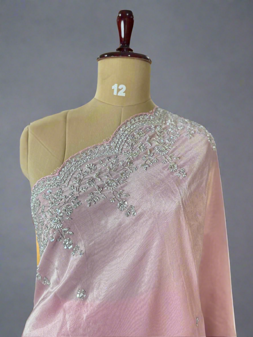 Pastel pink stitched velvet blouse organza party wear-08 saree