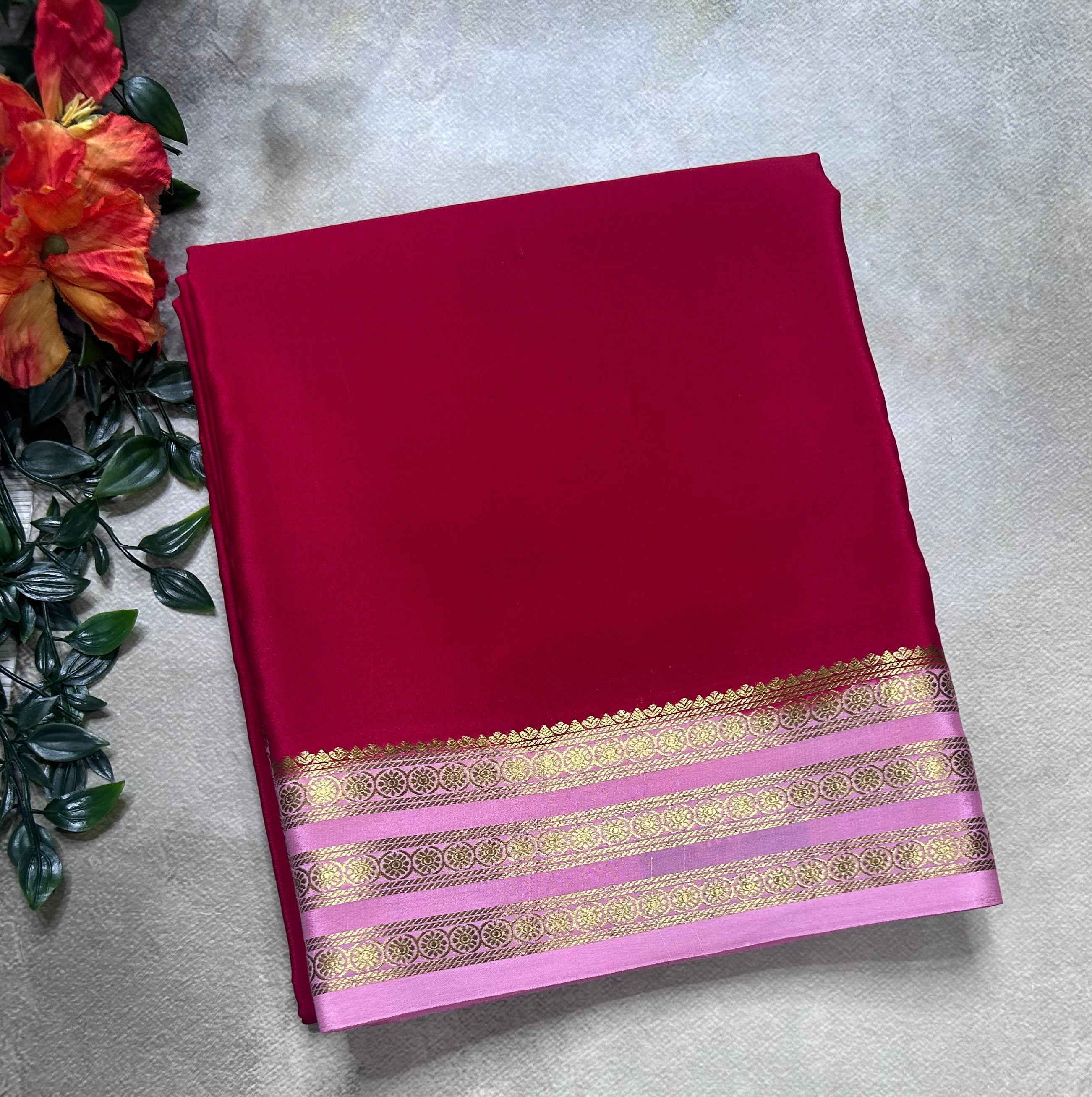 Red small border pure mysore silk saree(MSC106)
