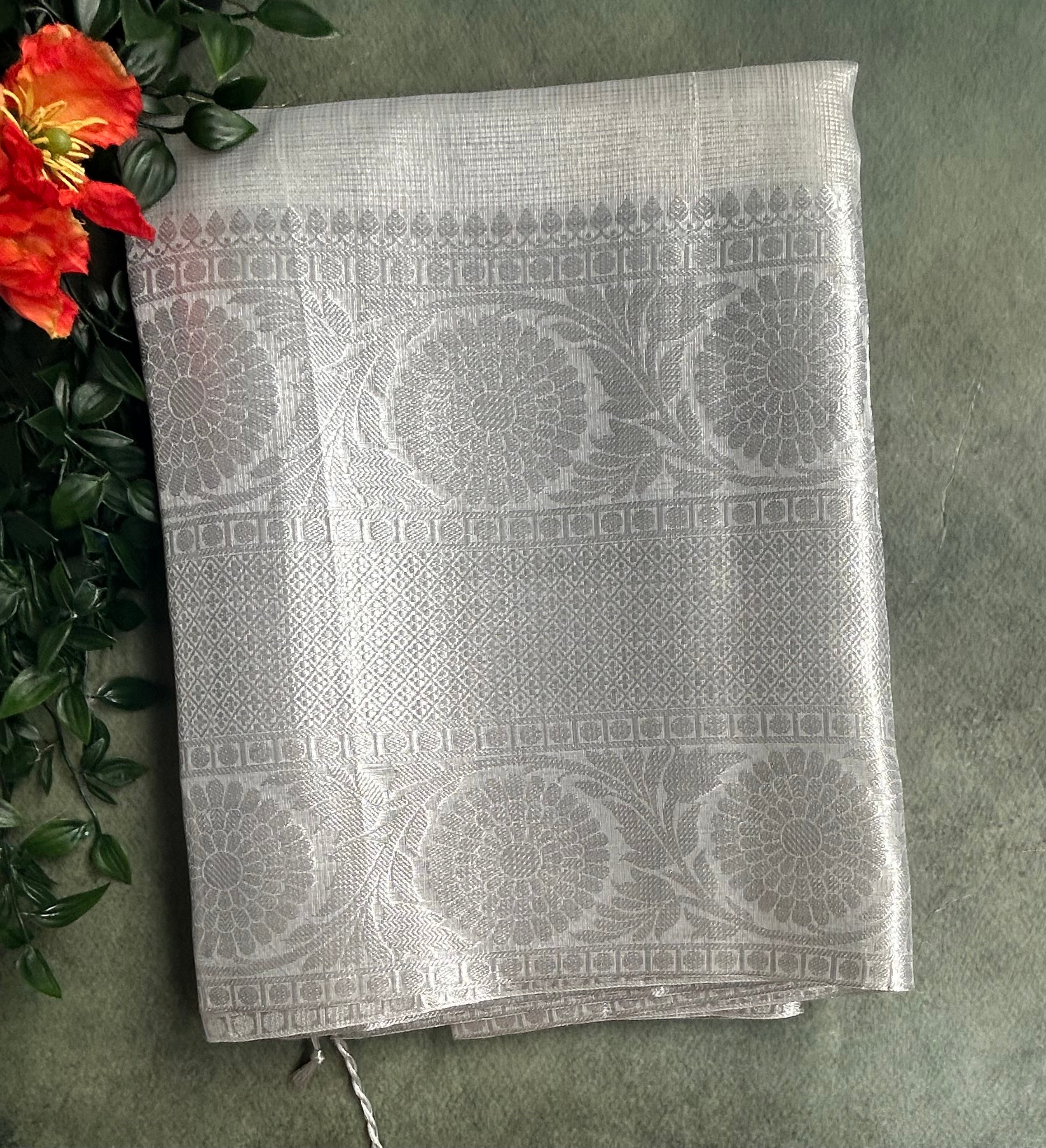 Silver long border semi tissue saree