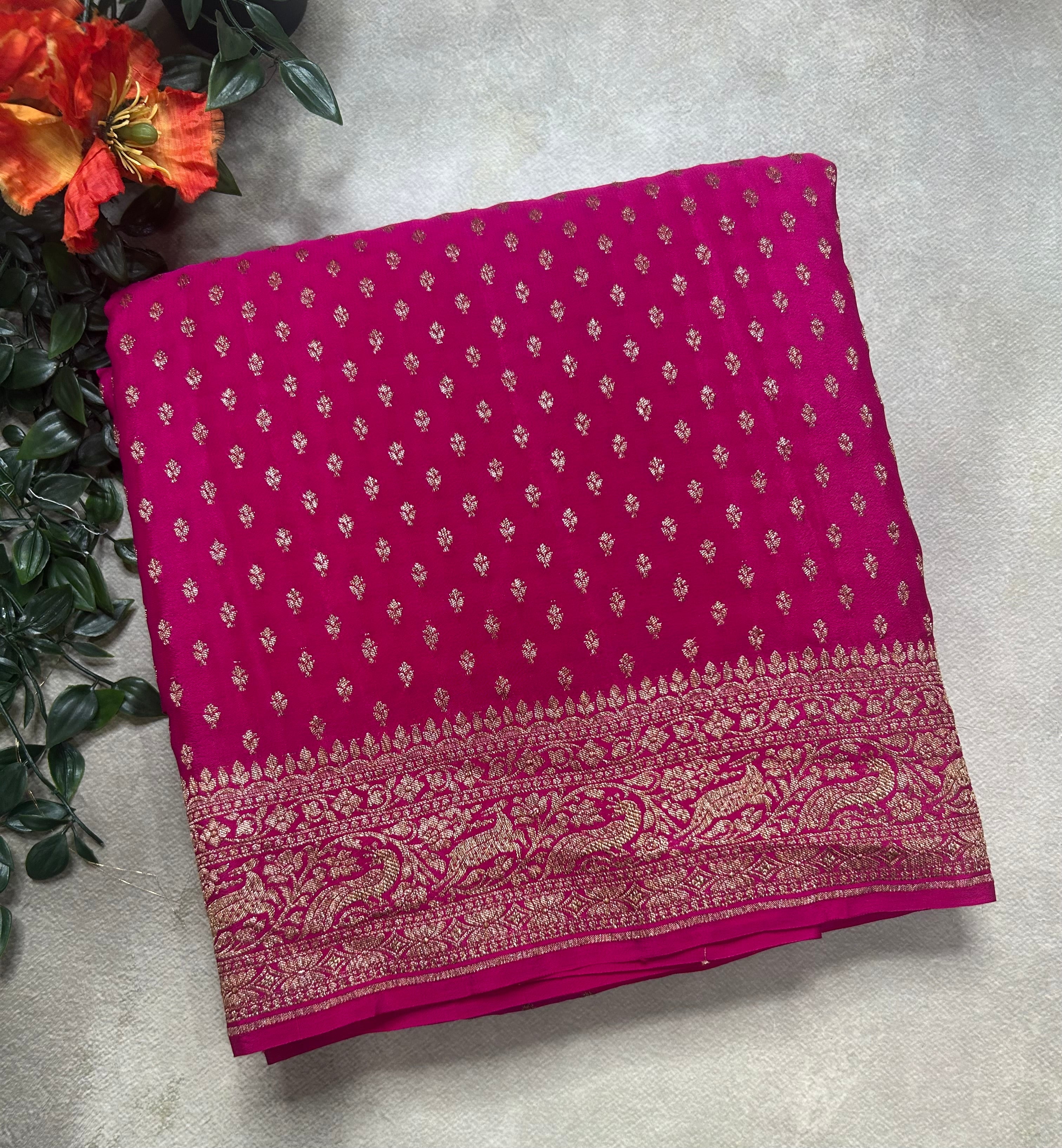 Rani pink small Butta pure Benarasi crepe 105 saree
