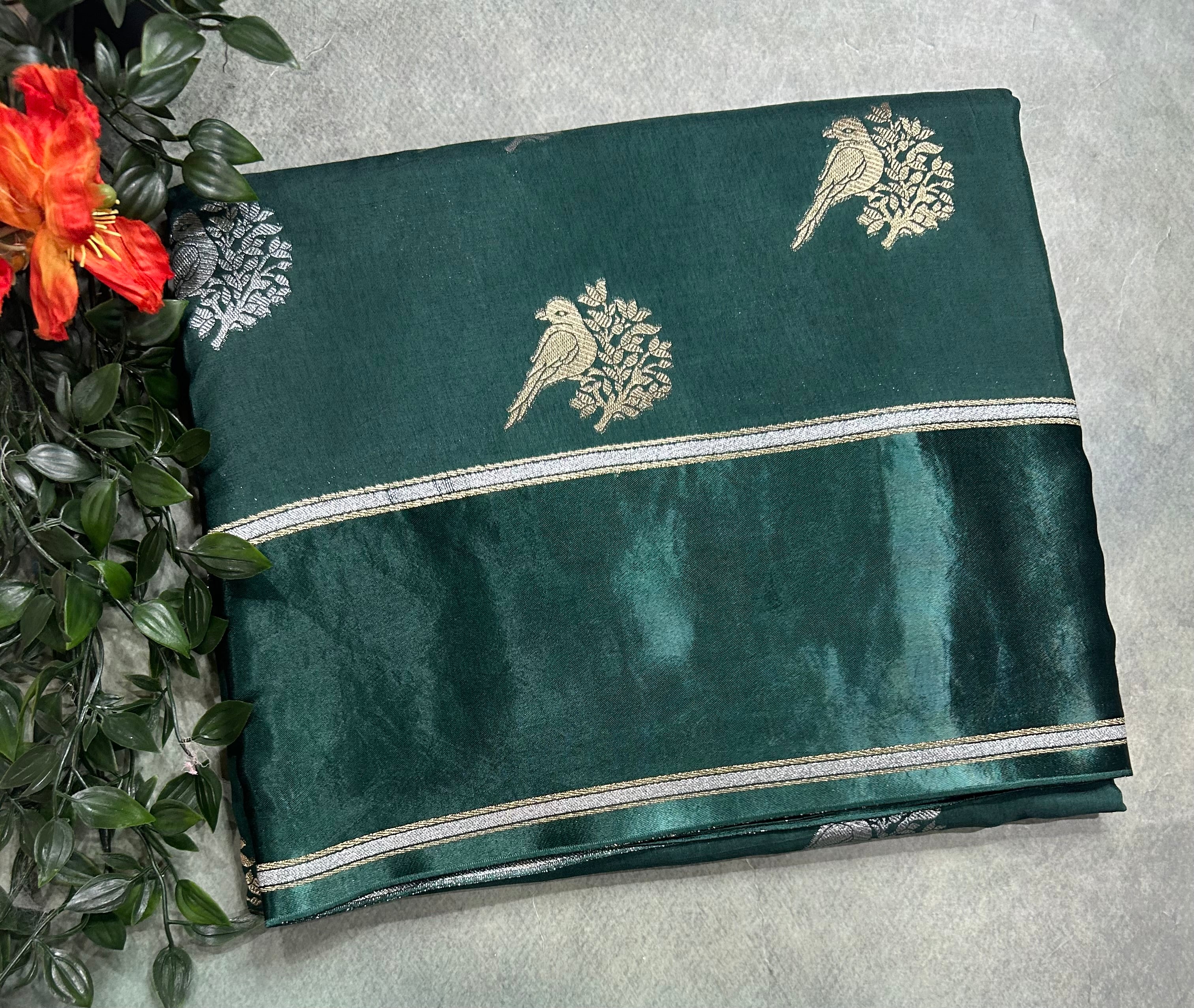 Bottle green satin border dola crepe 105 saree