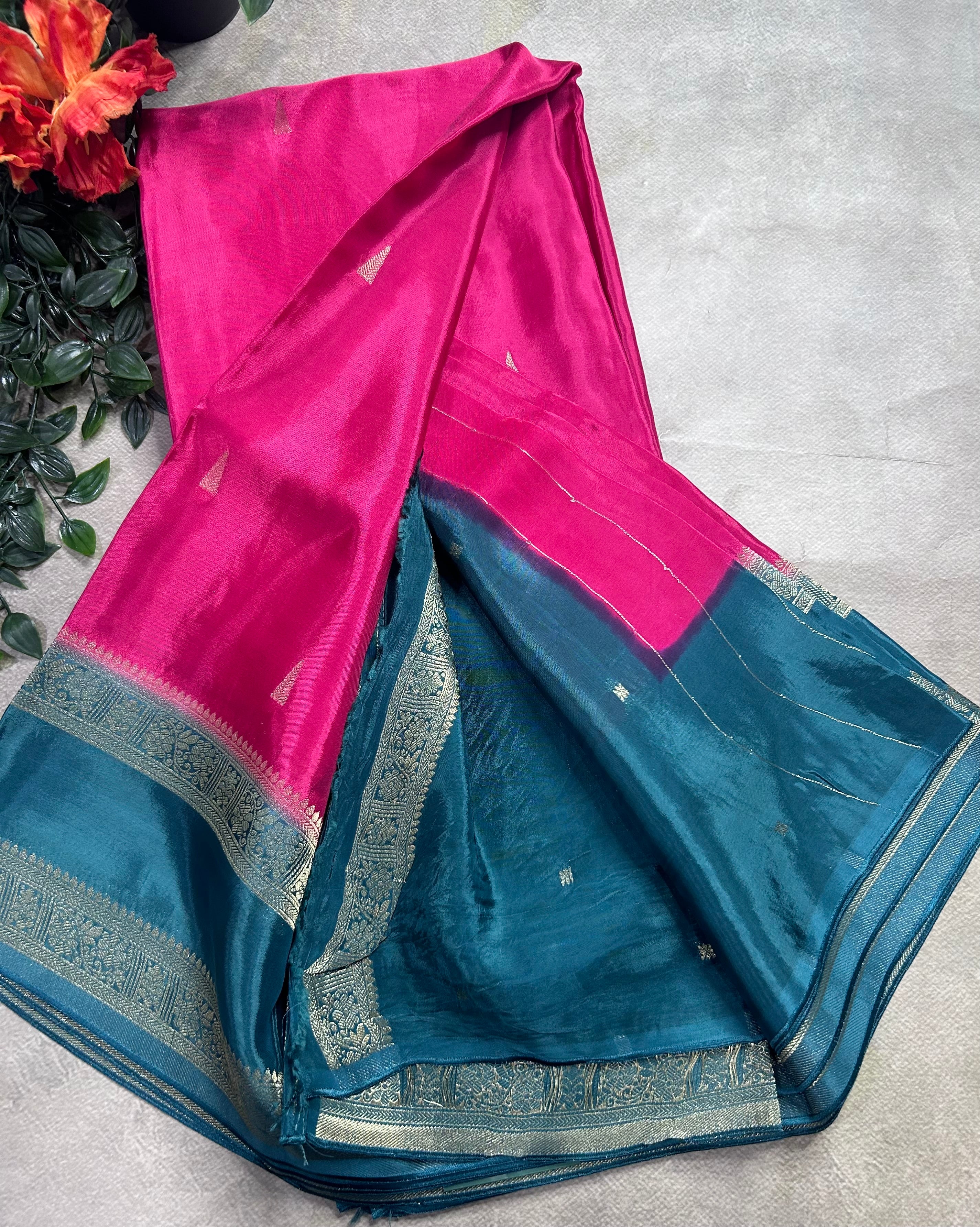 Rani pink contrast bentex border semi Mysore crepe 106 saree