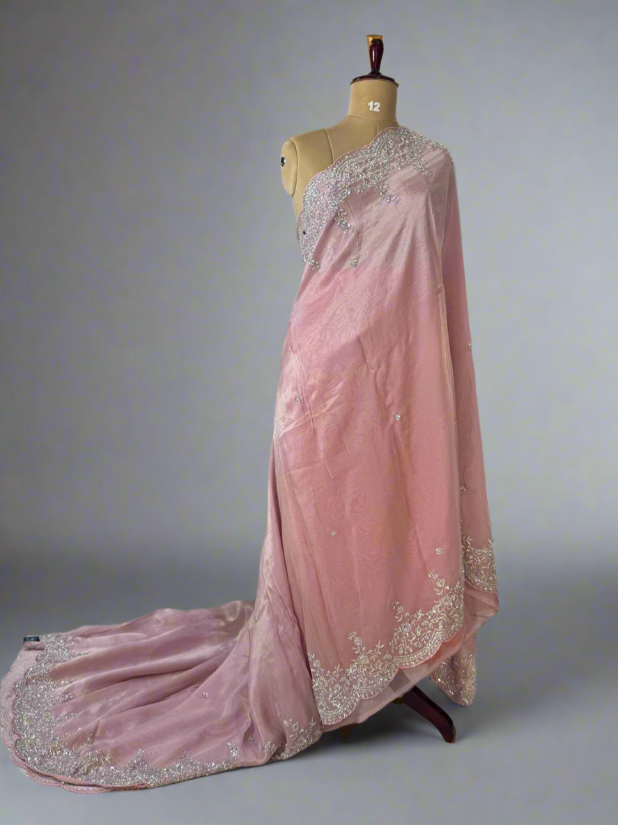 Pastel pink stitched velvet blouse organza party wear-08 saree
