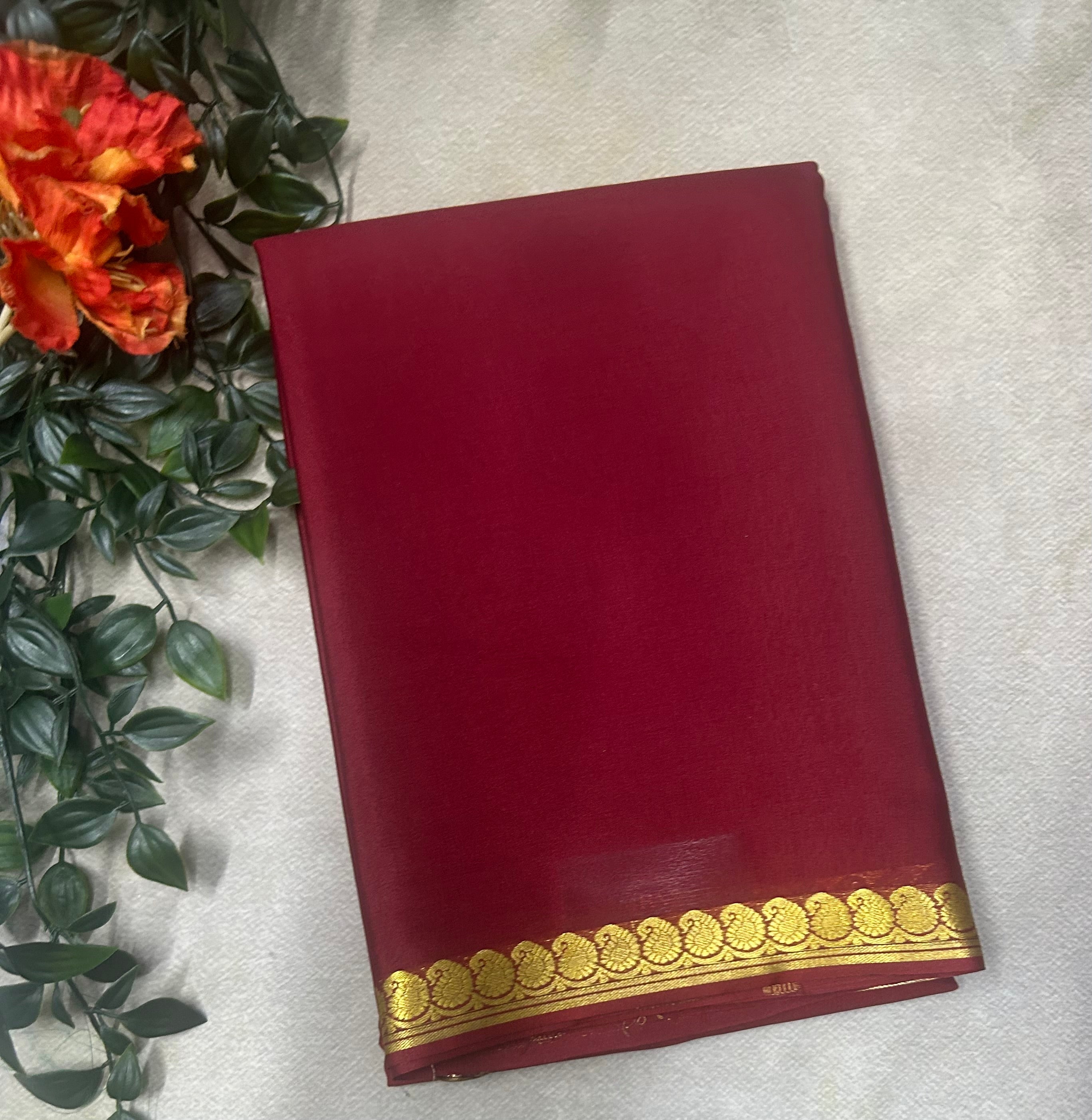 Maroon small border pure Mysore silk saree
