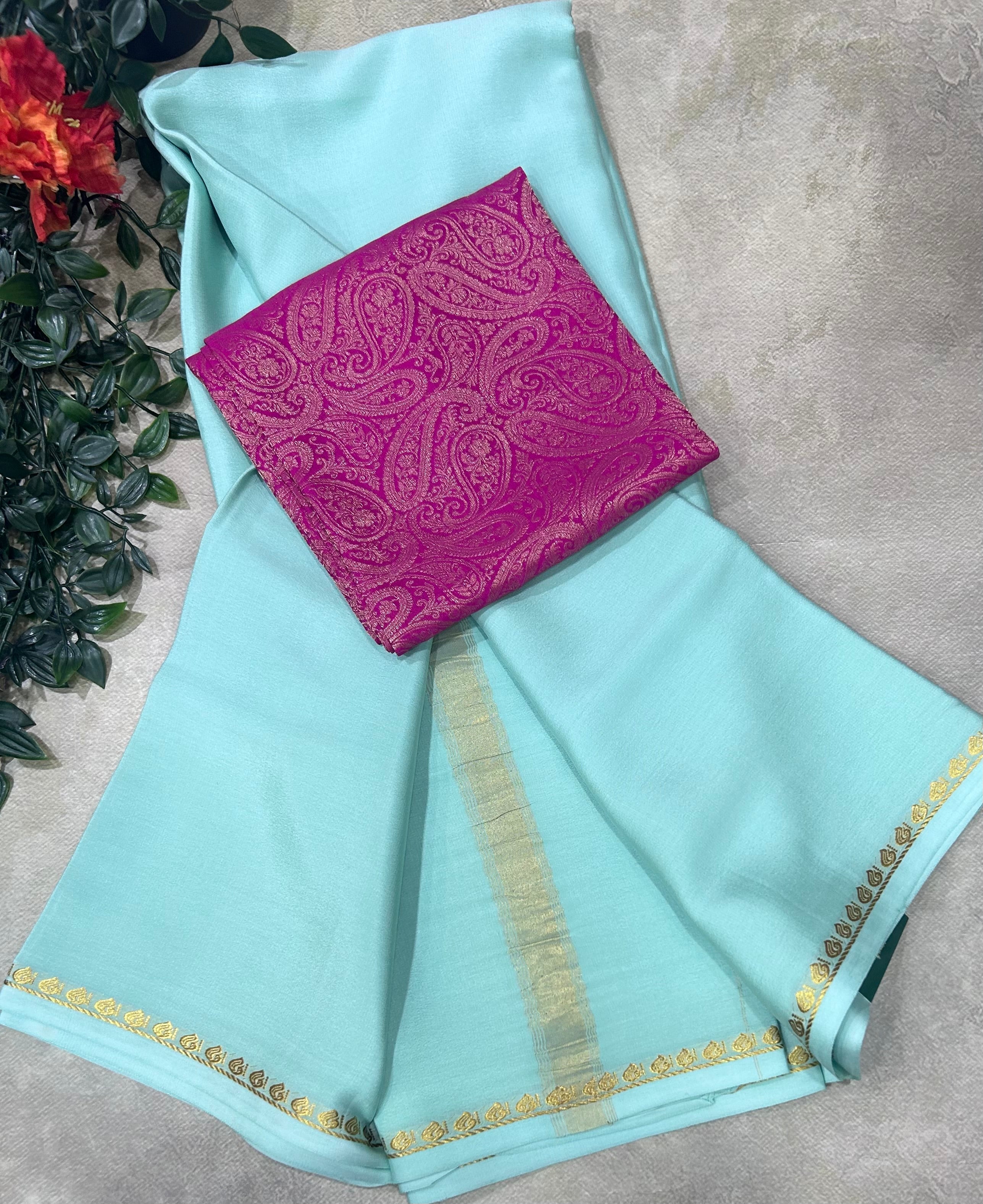 Sea green plain pure mysore crepe silk saree with Mysore brocade blouse piece(MSM106)