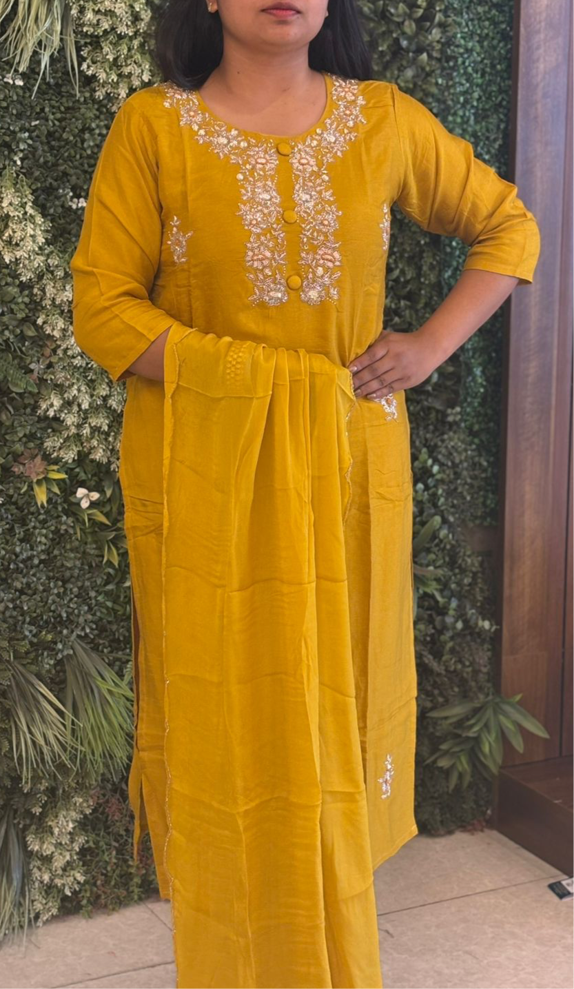 Masturd Yellow Designer Handwork embroidery kurtha