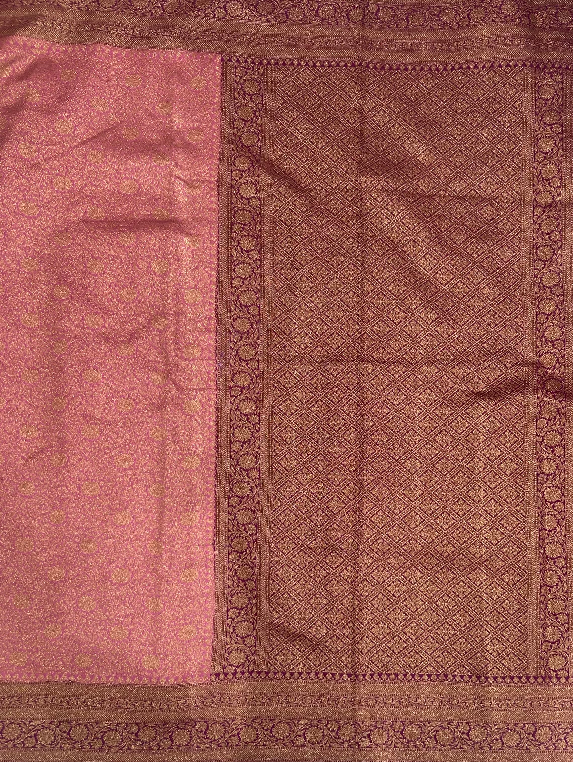 Onion pink brocade semi Benarasi saree(Rashmika Mandanna Brocade saree)