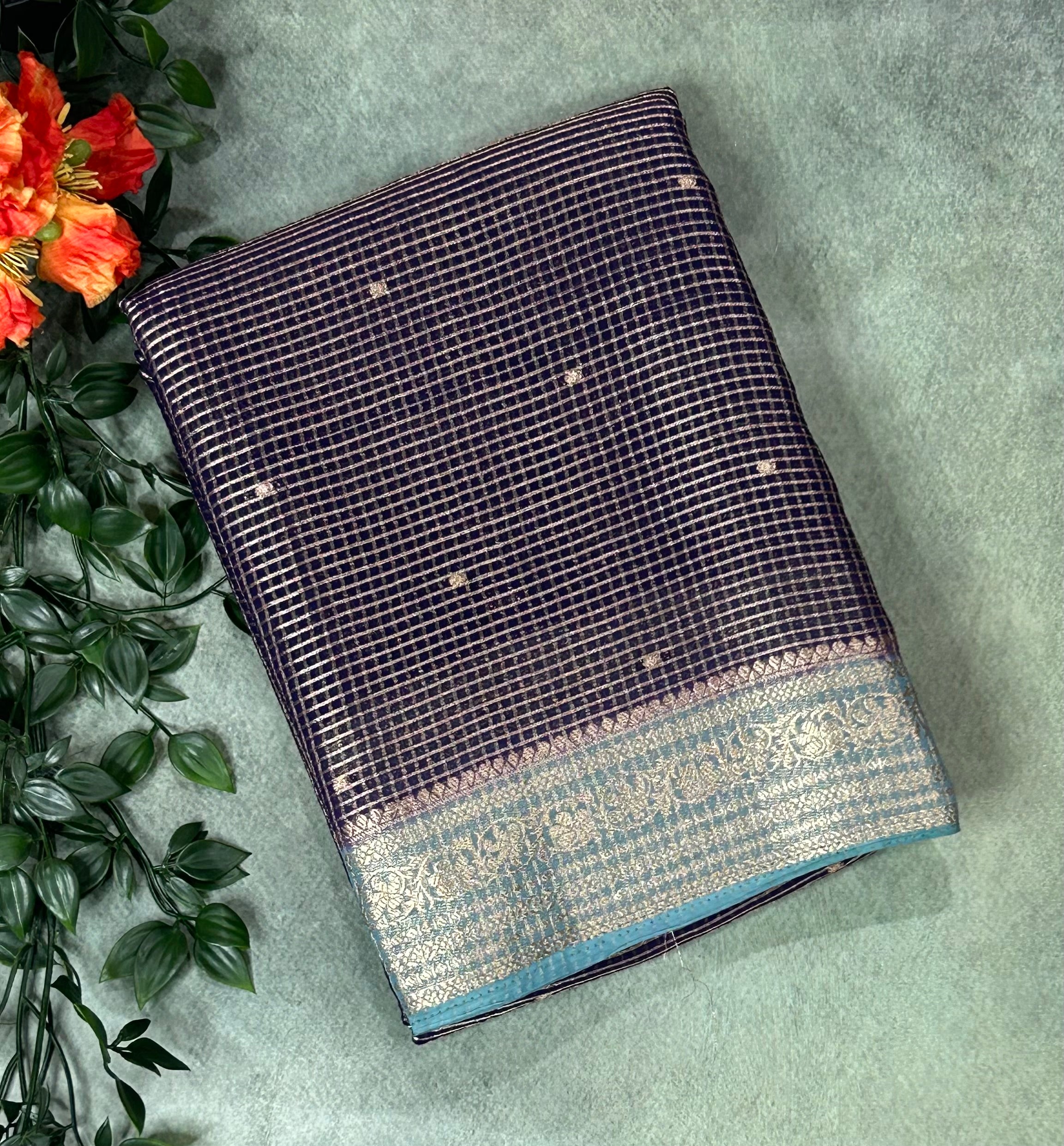 Purple small checks semi mysore crepe-12 saree