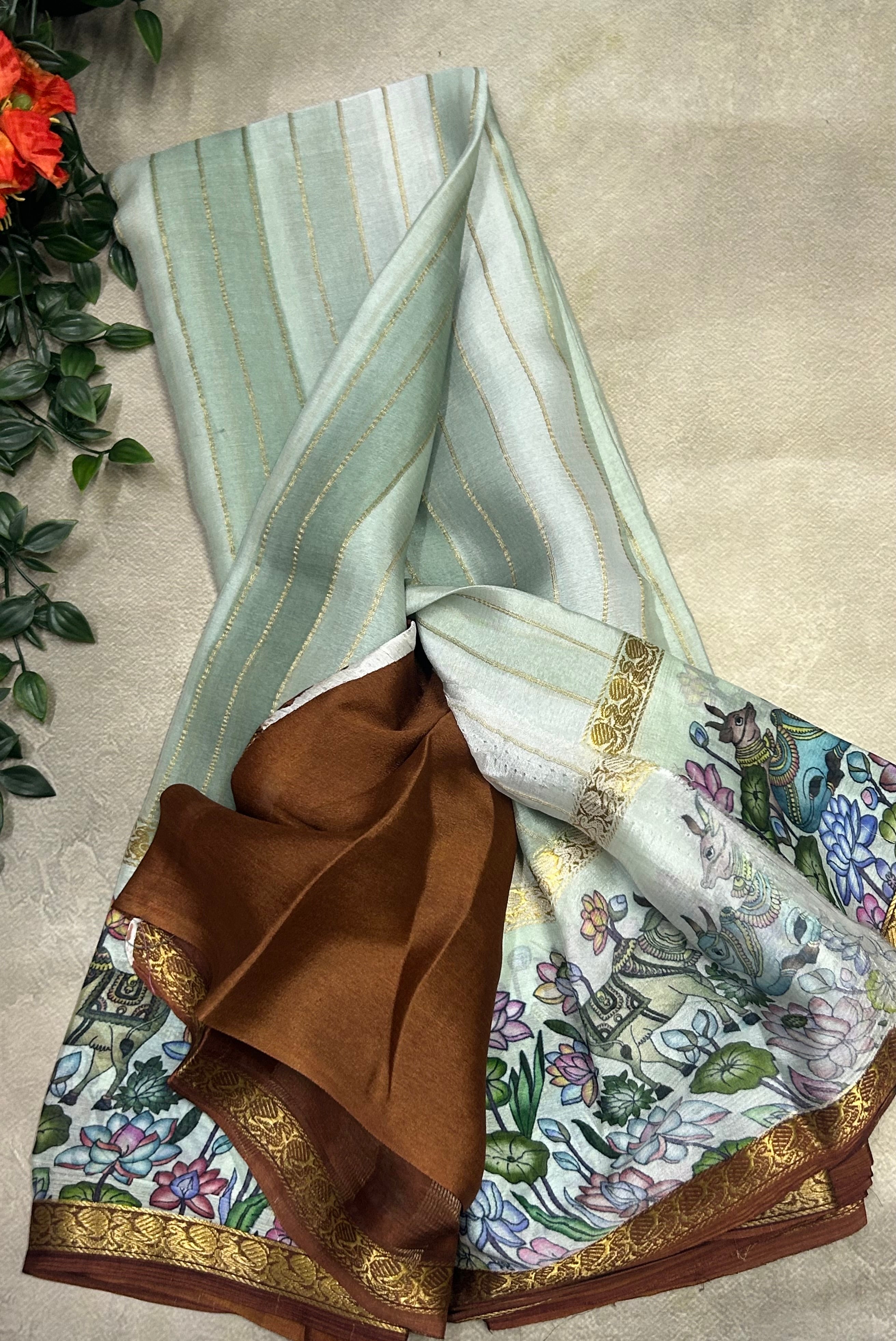 Rankart kalamkari border pure wrinkle 103 crepe silk saree