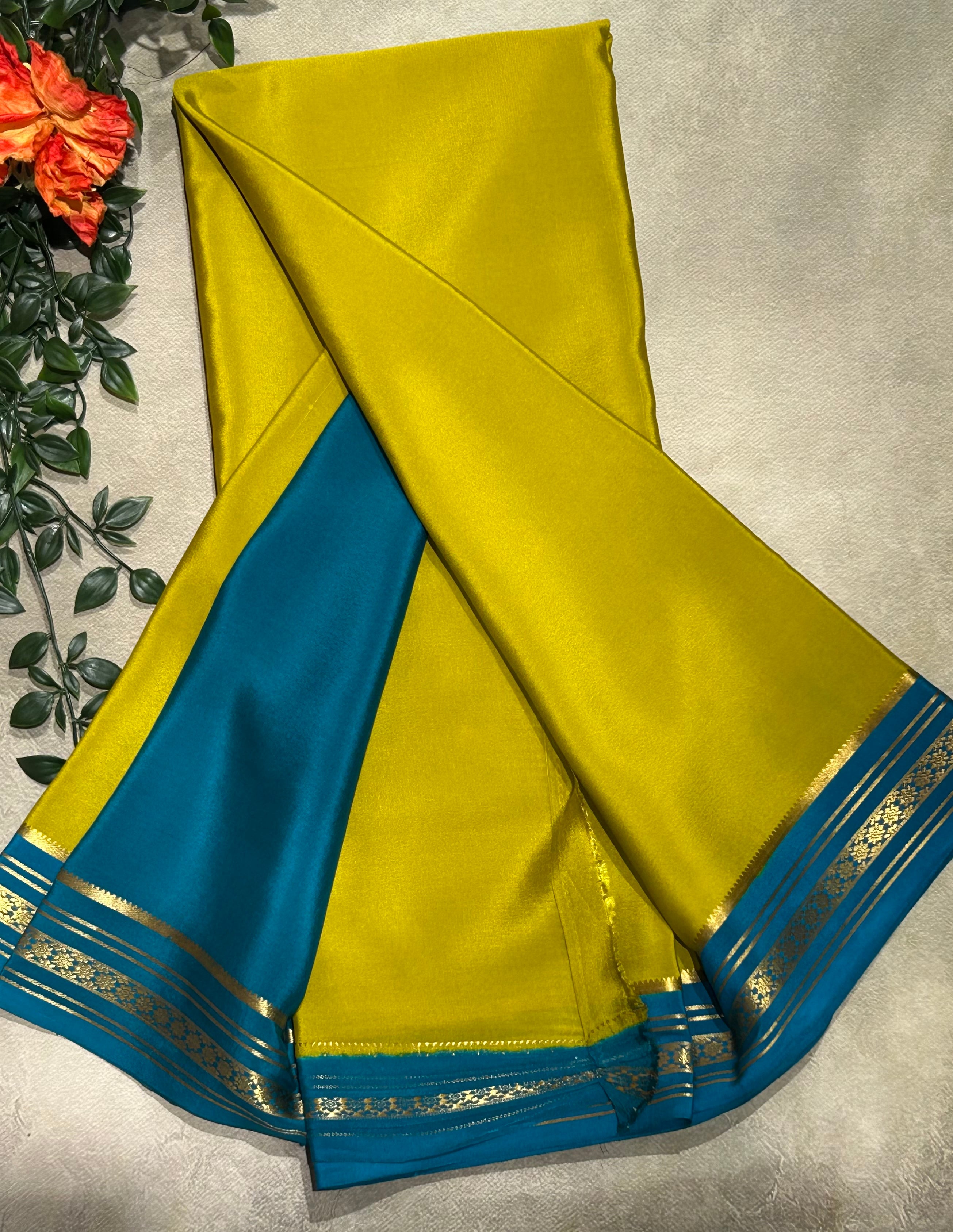 Mustard yellow stripes border pure Mysore silk-103 saree