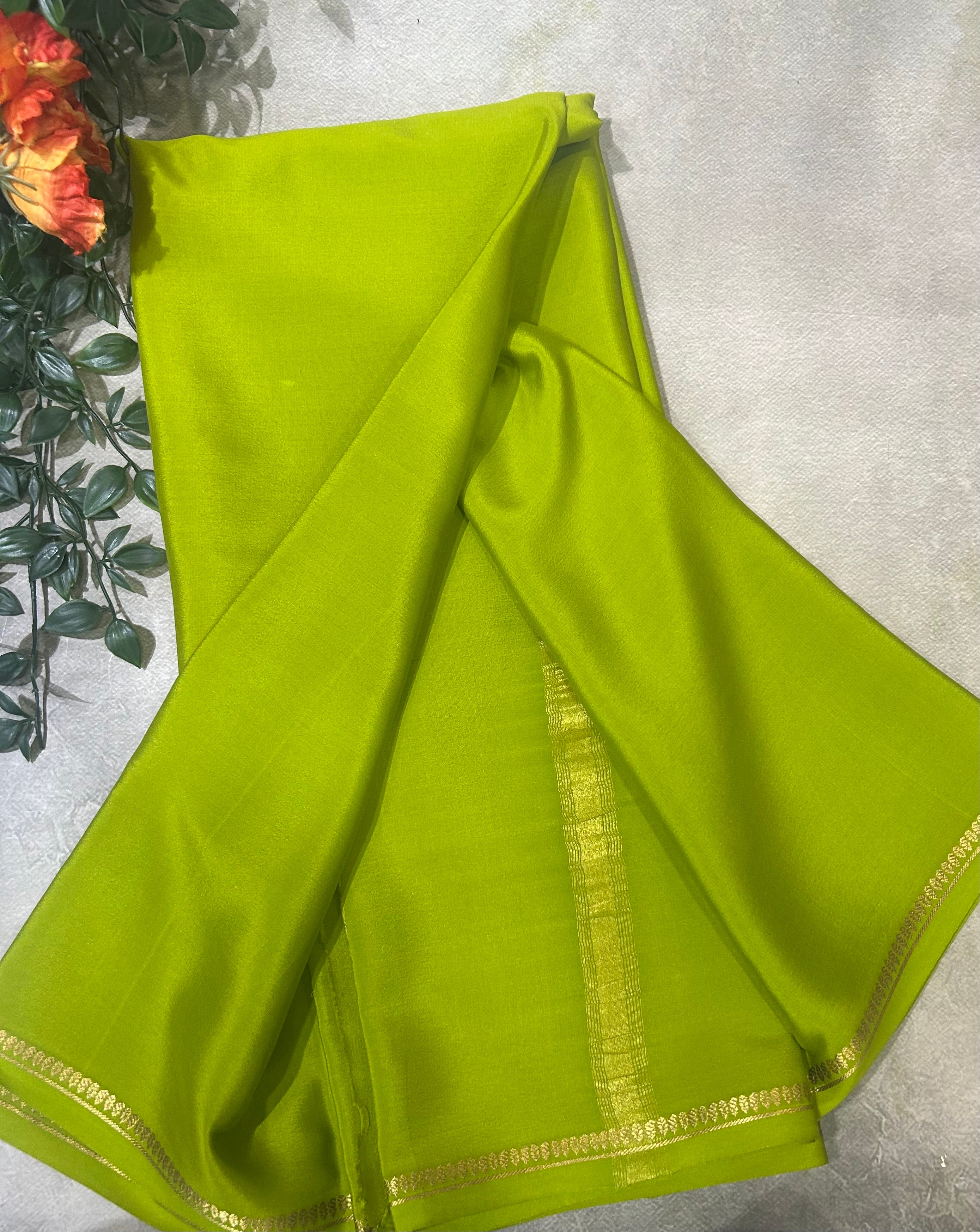 Neon green small border pure Mysore silk 103 saree