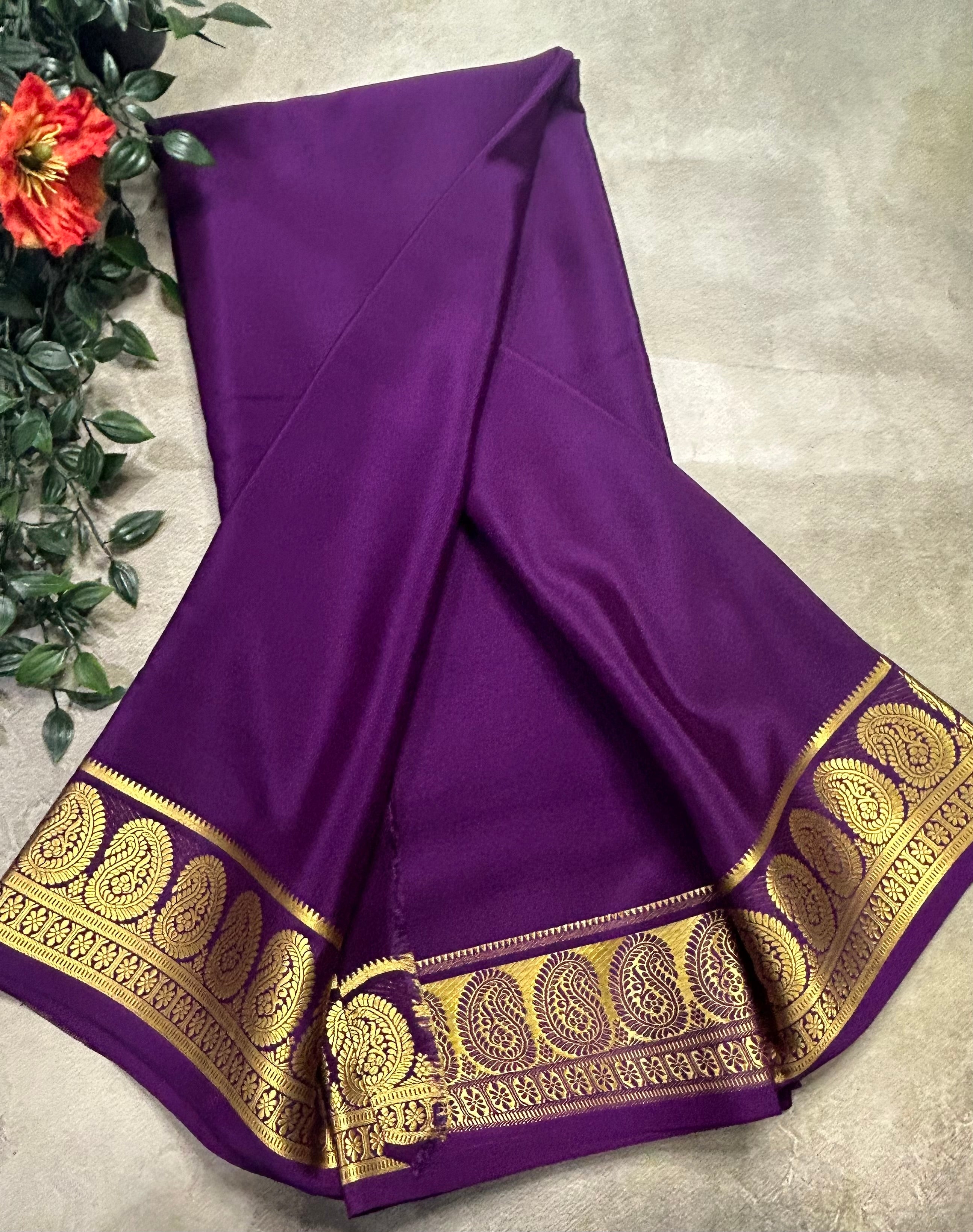 Purple plain mango border pure Mysore silk 105 saree