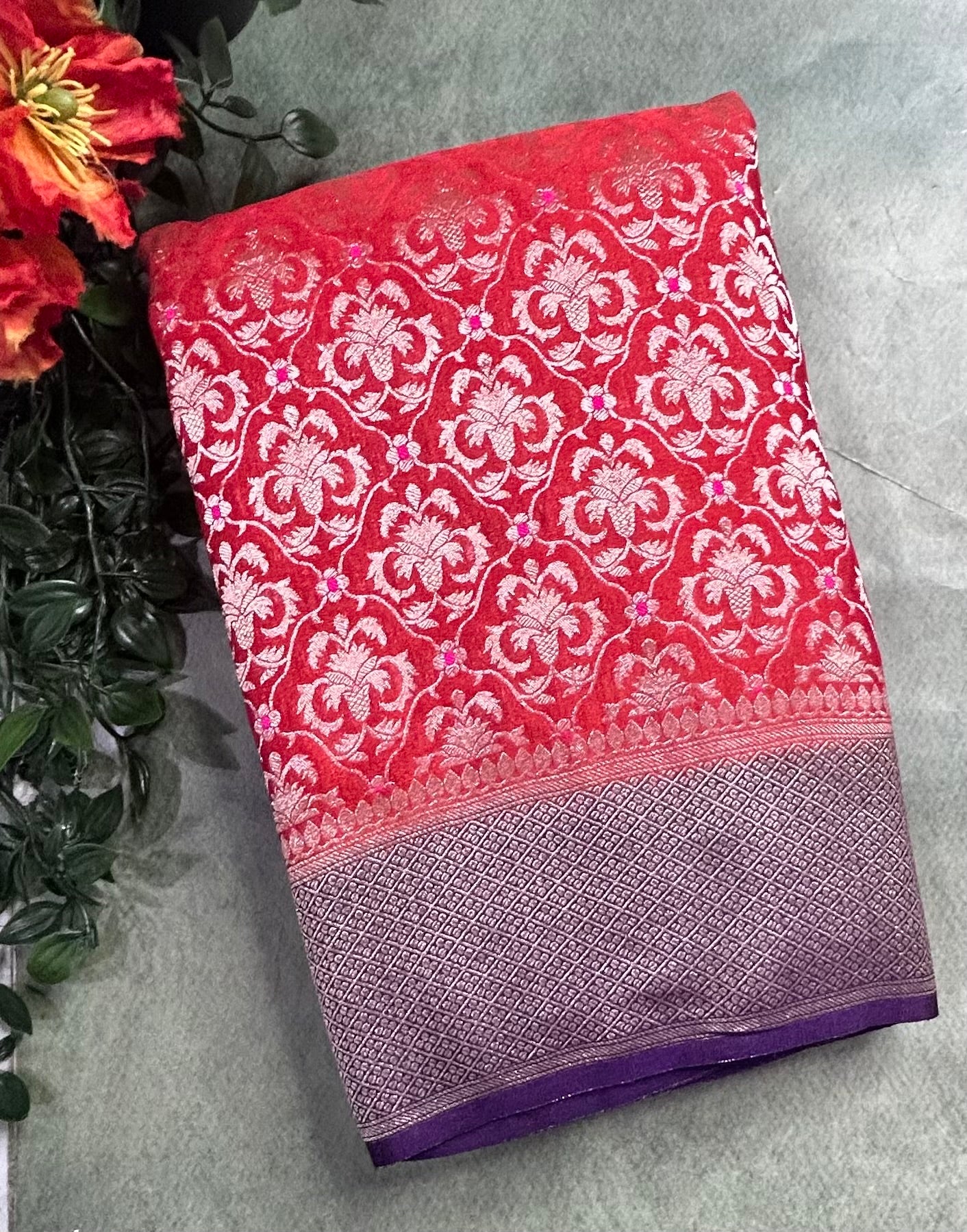 Orange brocade semi georgette 105 saree
