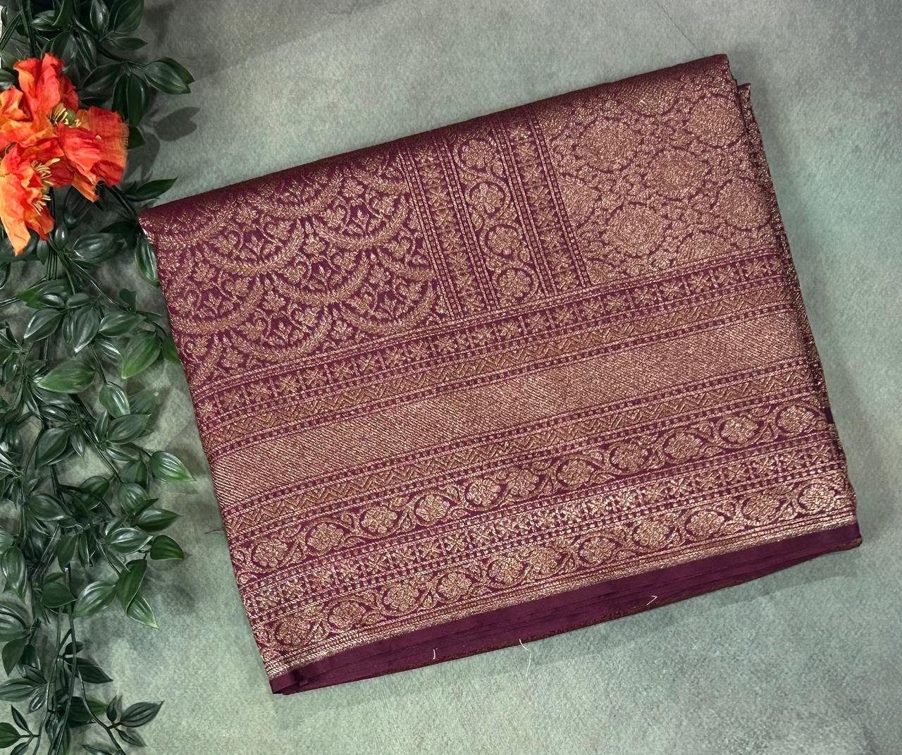 Wine brocade semi Benarasi saree(Rashmika Mandanna Brocade saree)