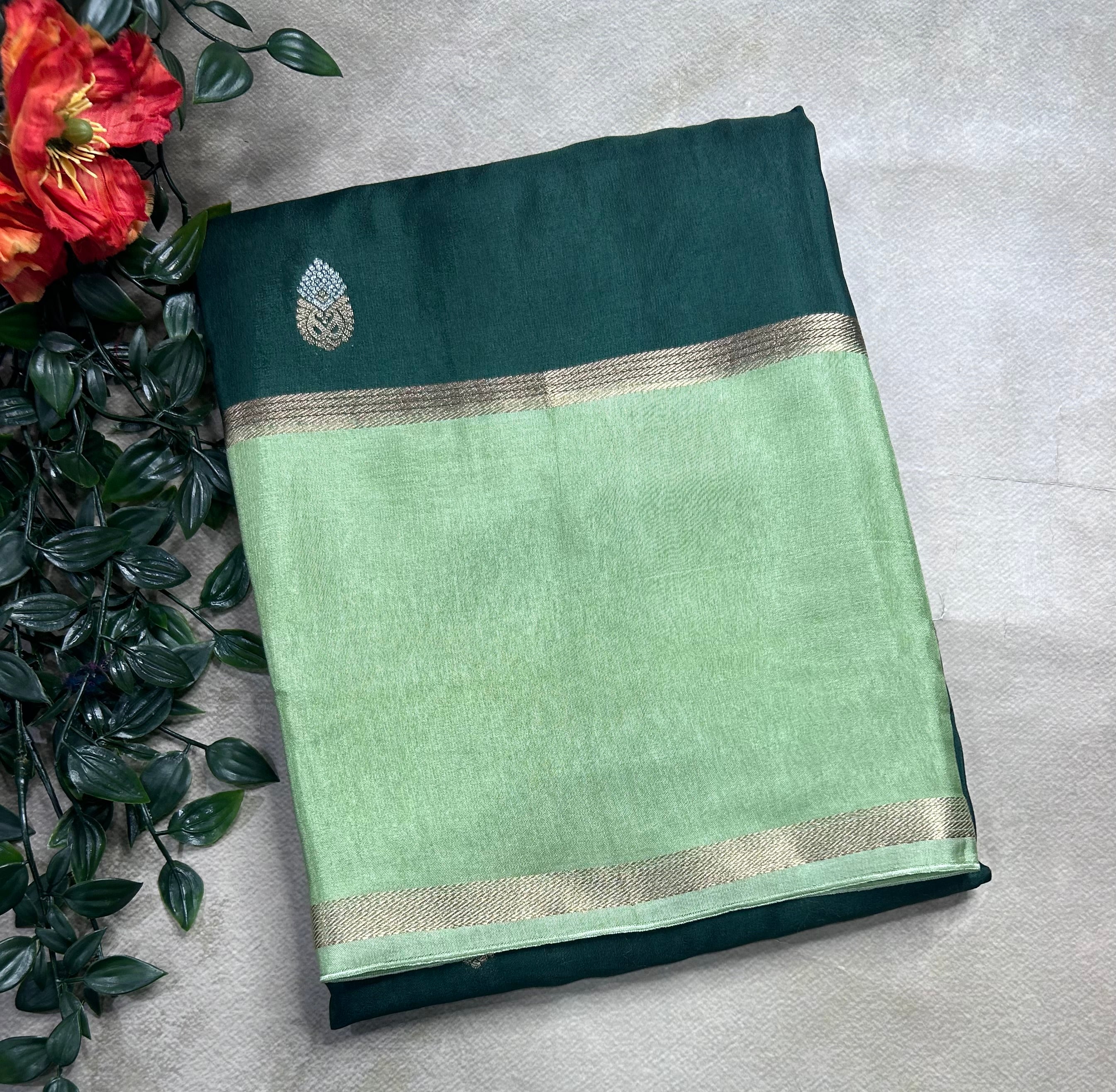 Bottle green bentex border semi Mysore crepe 106 saree