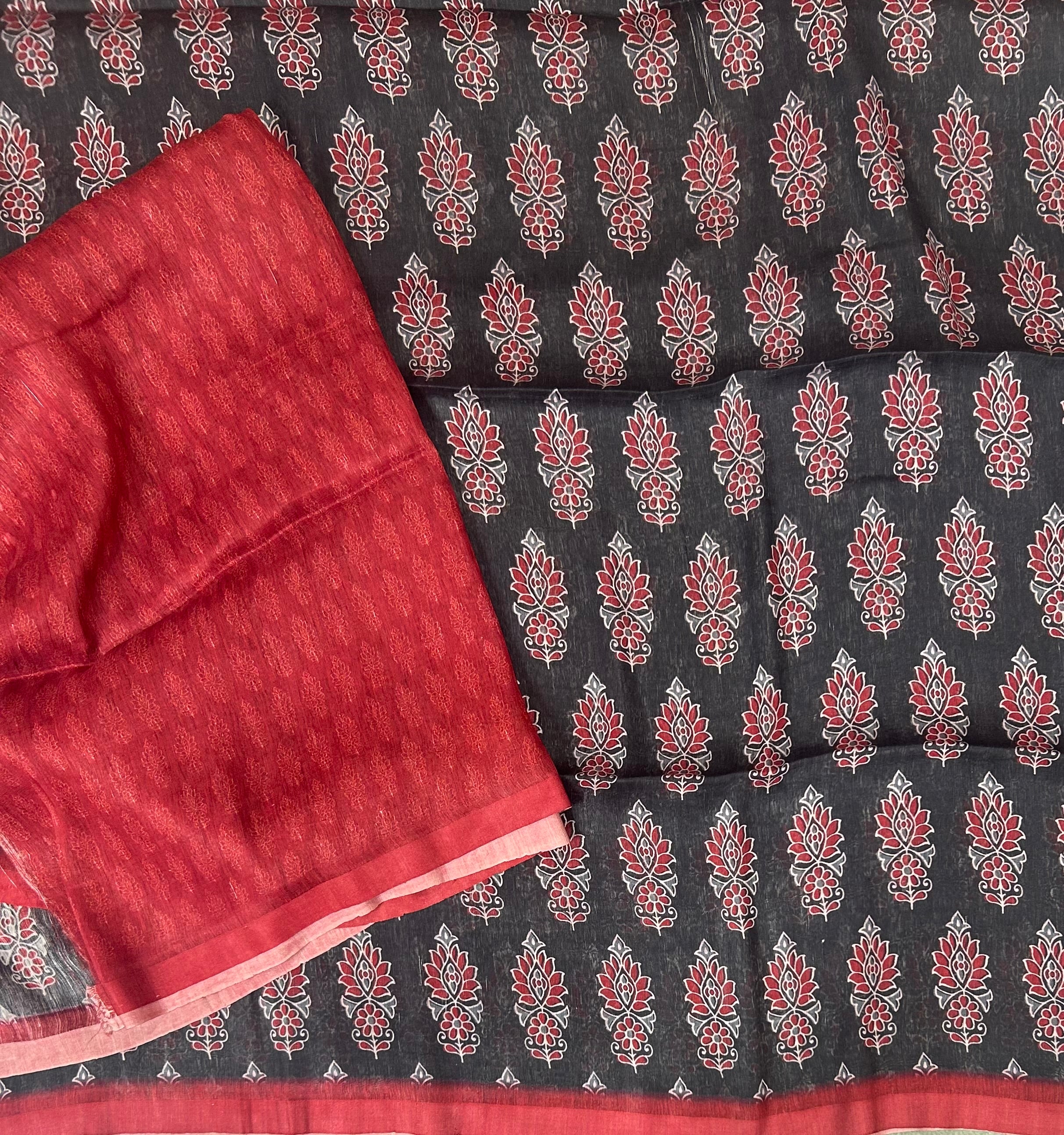 Black n red pure linen saree
