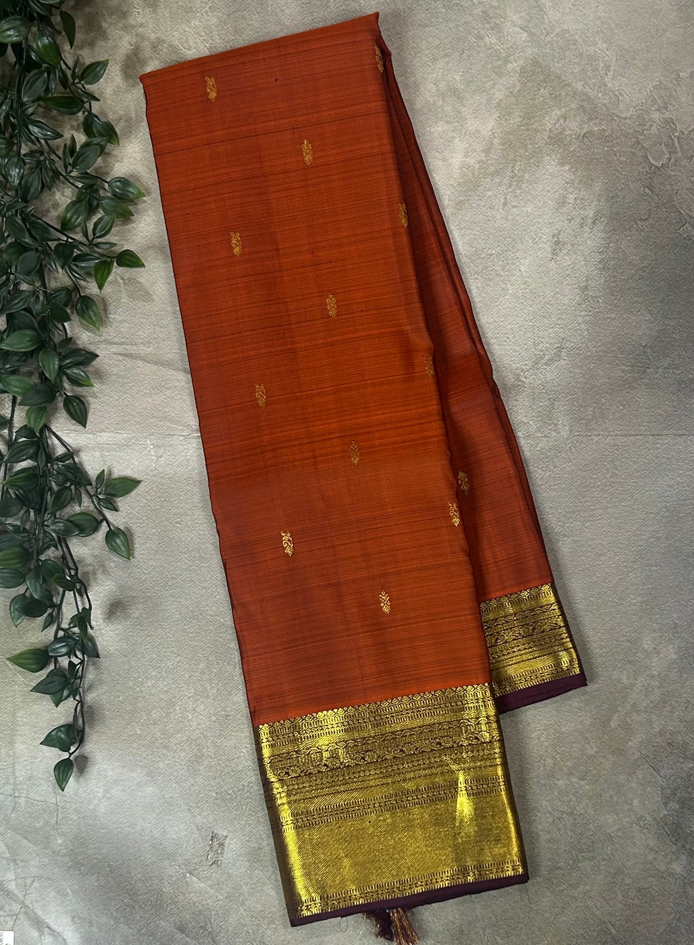 Rust orange n brown pure Kanchipuram silk saree
