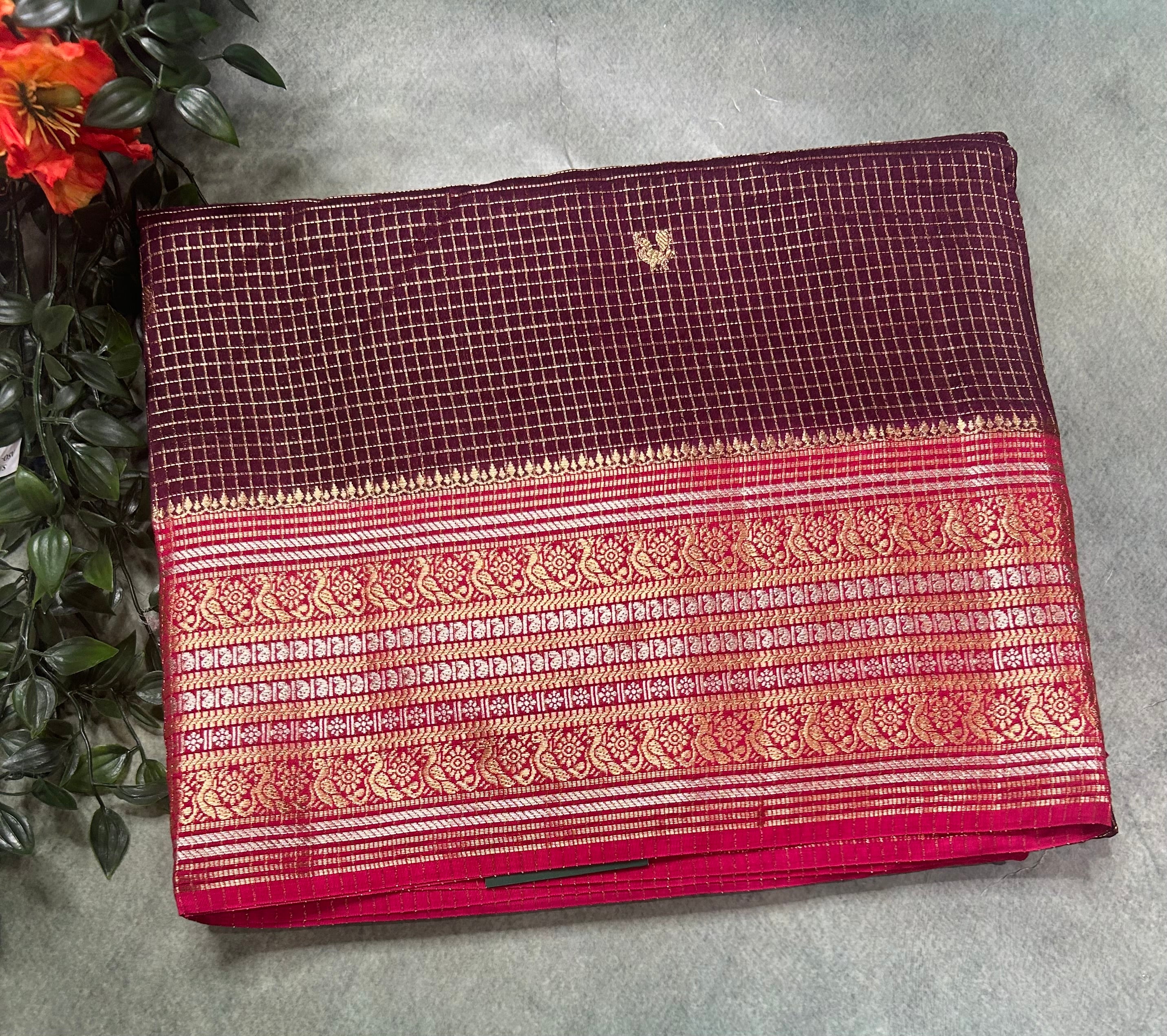 Wine small checks contrast semi Mysore crepe 105 saree