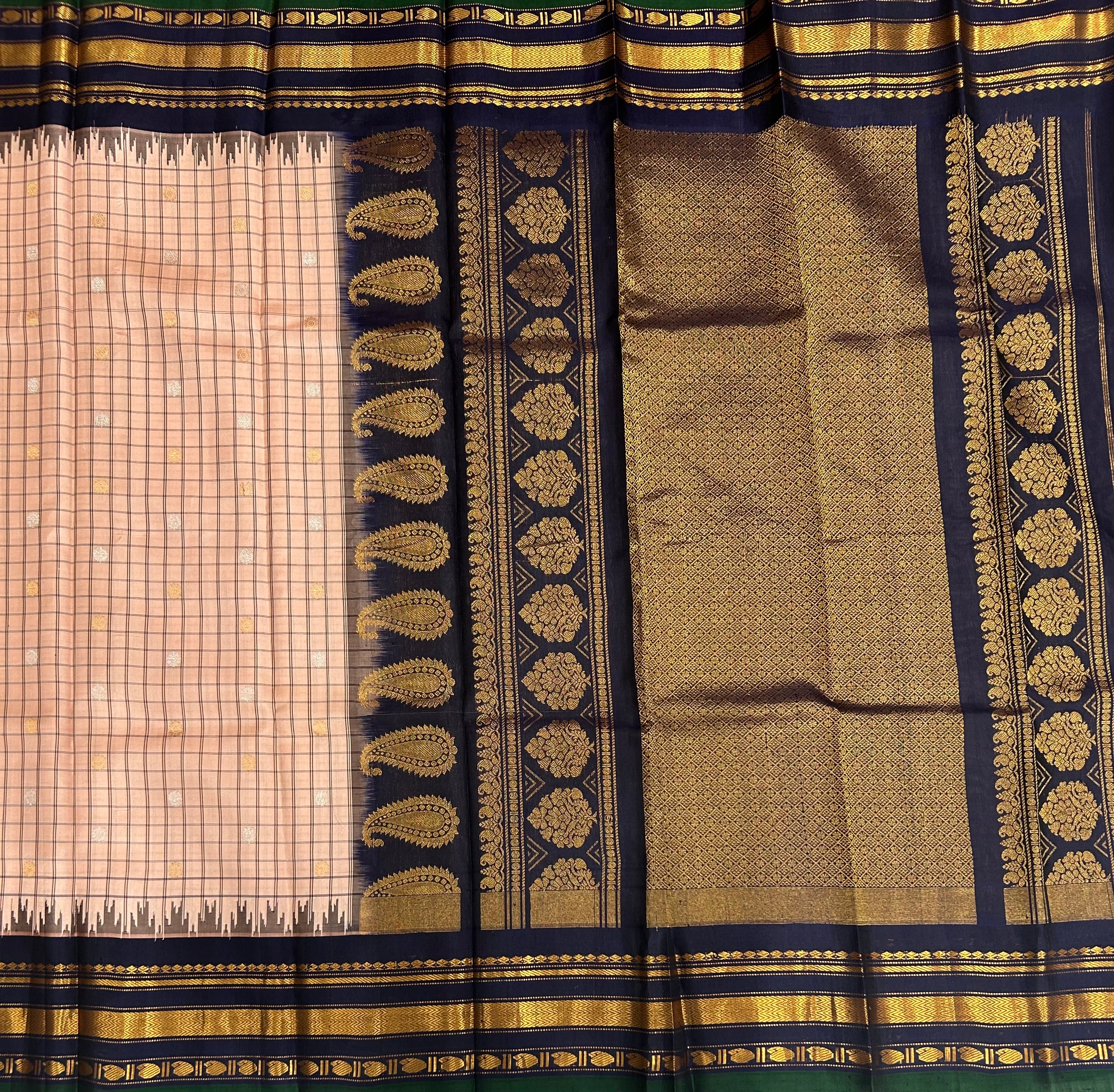 Peach n navy blue small border pure Gadwal saree