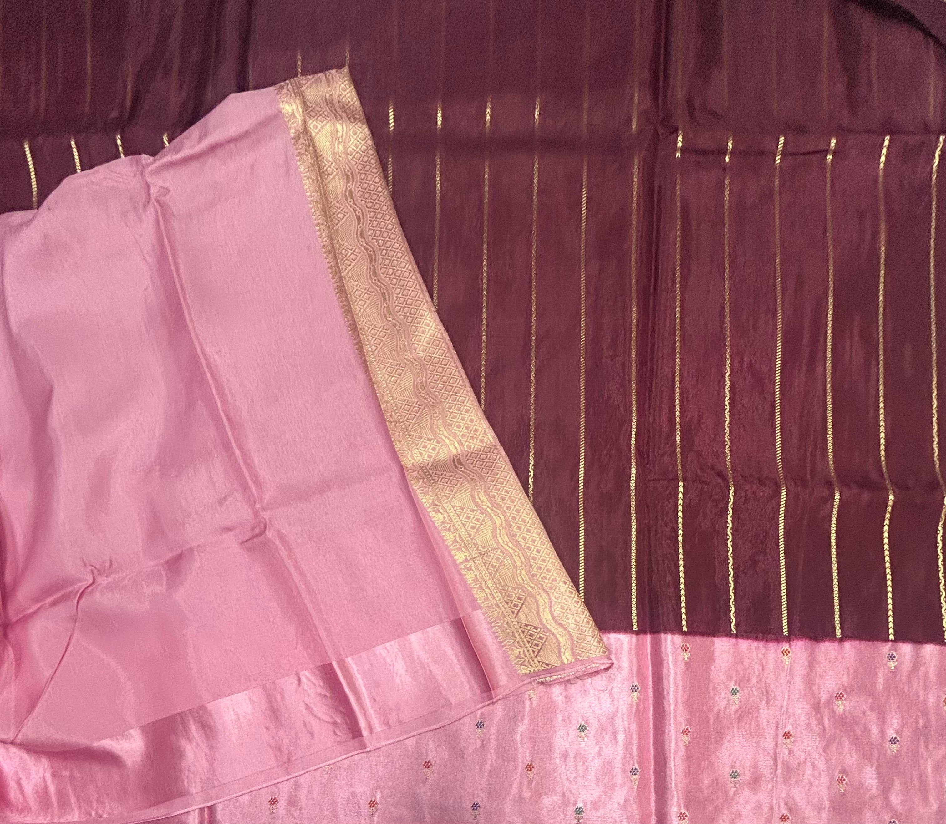Wine contrast satin border semi Mysore crepe 105 saree