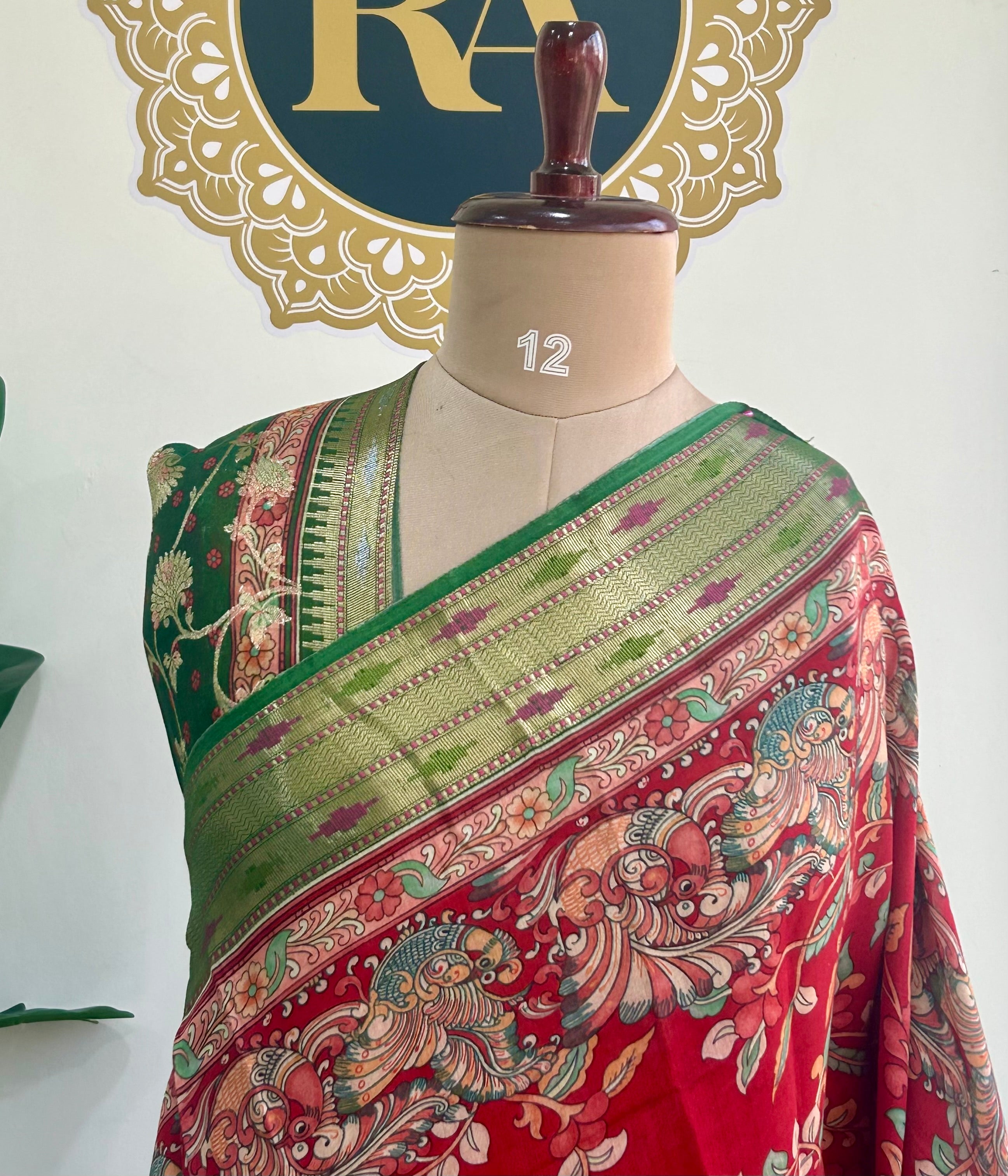 Red n green bb kalamkari Chanderi saree